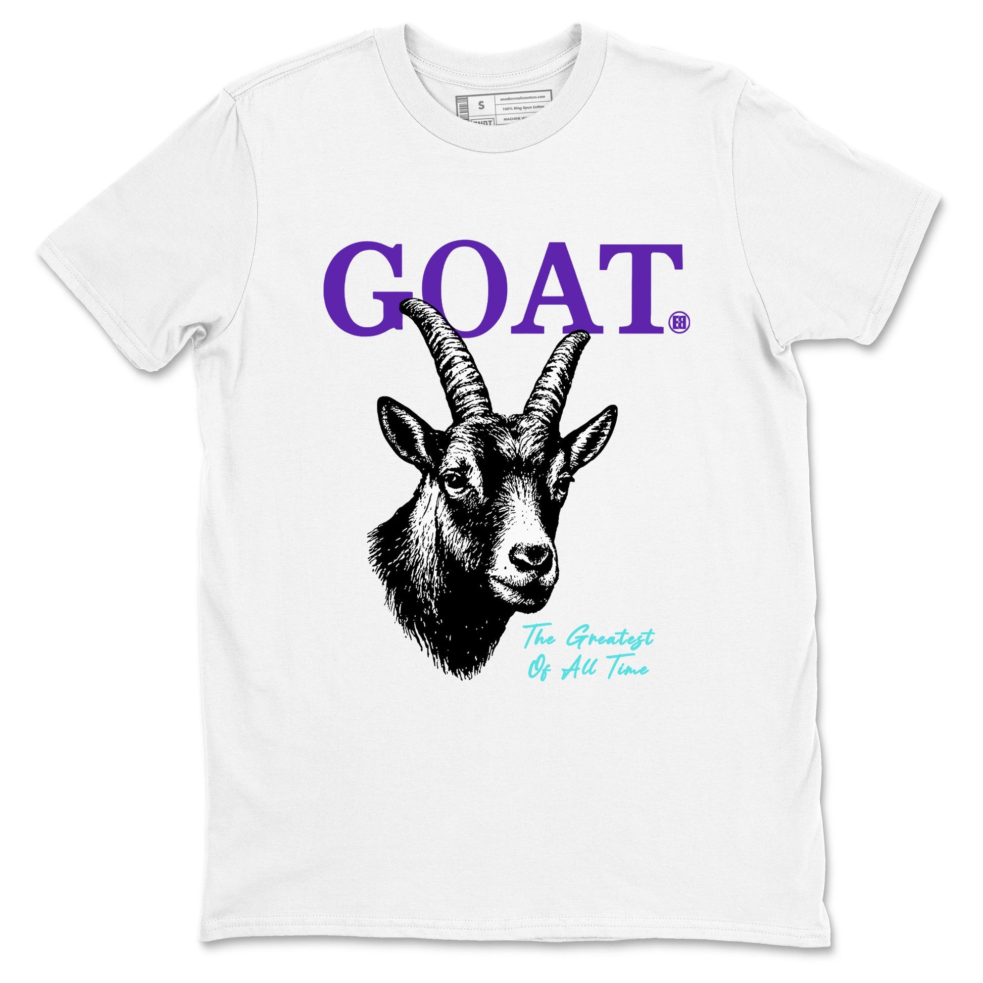 The Greatest Of All Time sneaker match t-shirt styled to complete your fit with the Air Jordan 5 Grape sneakers, shown in White 2.