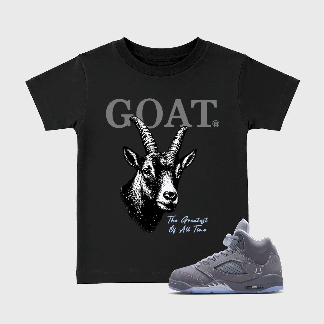 Sneaker match tees – Sneaker Tees To Match Air Jordan 5 Wolf Grey Shoes – The Greatest Of All Time Kids T-Shirt Black 1