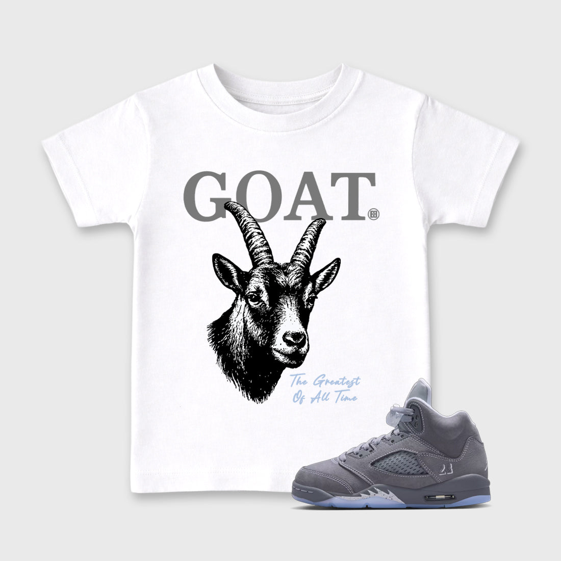 Sneaker match tees – Sneaker Tees To Match Air Jordan 5 Wolf Grey Shoes – The Greatest Of All Time Kids T-Shirt White 1