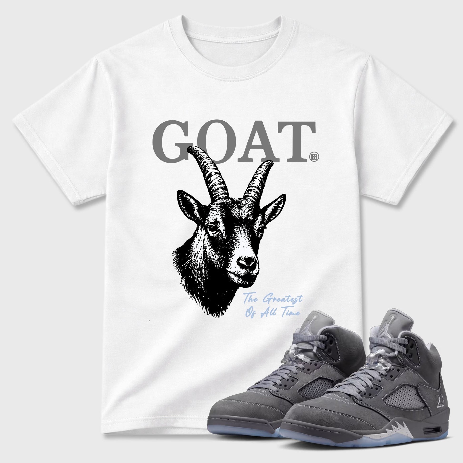 Sneaker match tees – Sneaker Tees To Match Air Jordan 5 Wolf Grey Shoes – The Greatest Of All Time Tee White 1