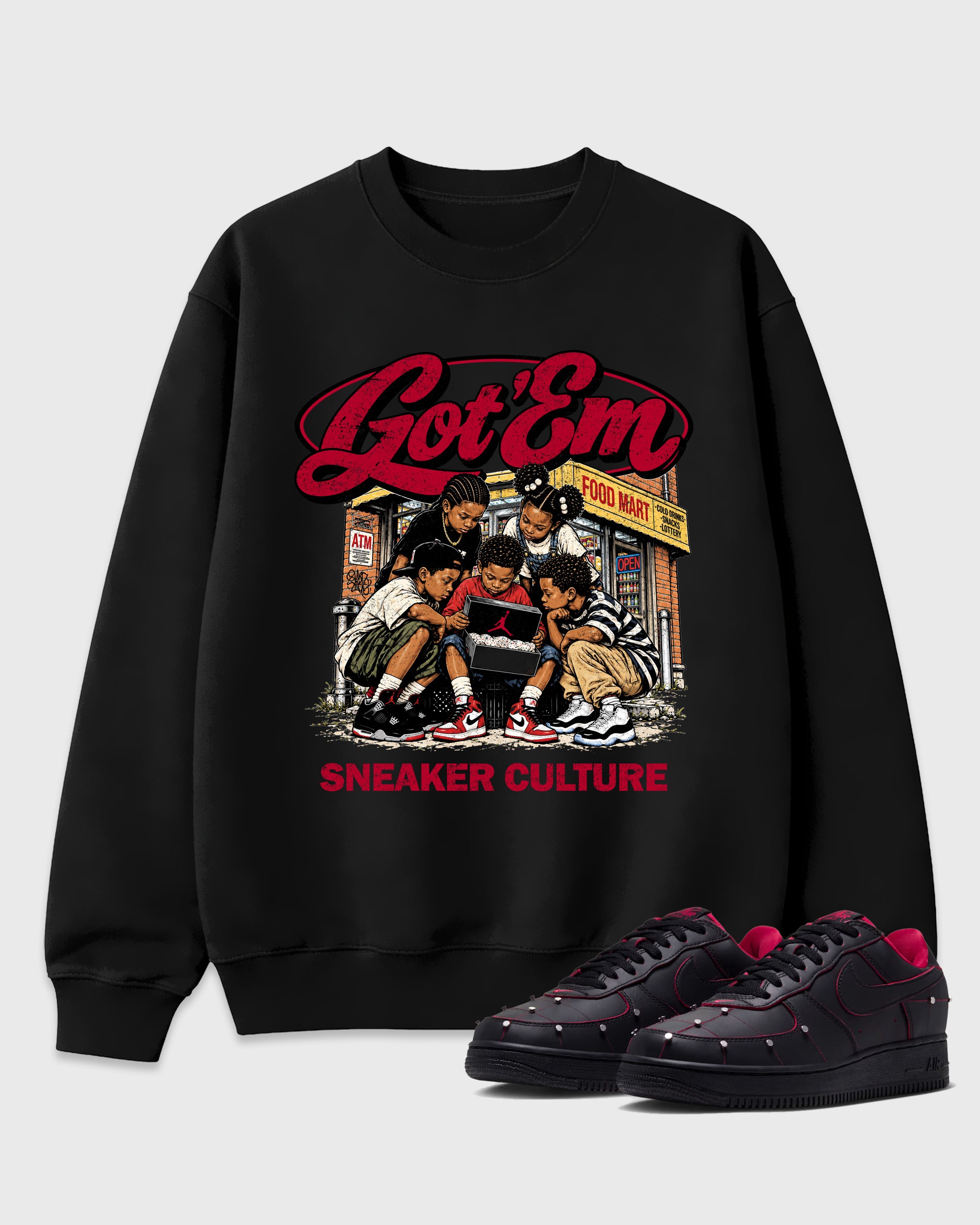 The Kick Club Graphic T-Shirt featuring original streetwear artwork designed to match the Air Force 1 Nightmare. Black 1 Graphic Tee.