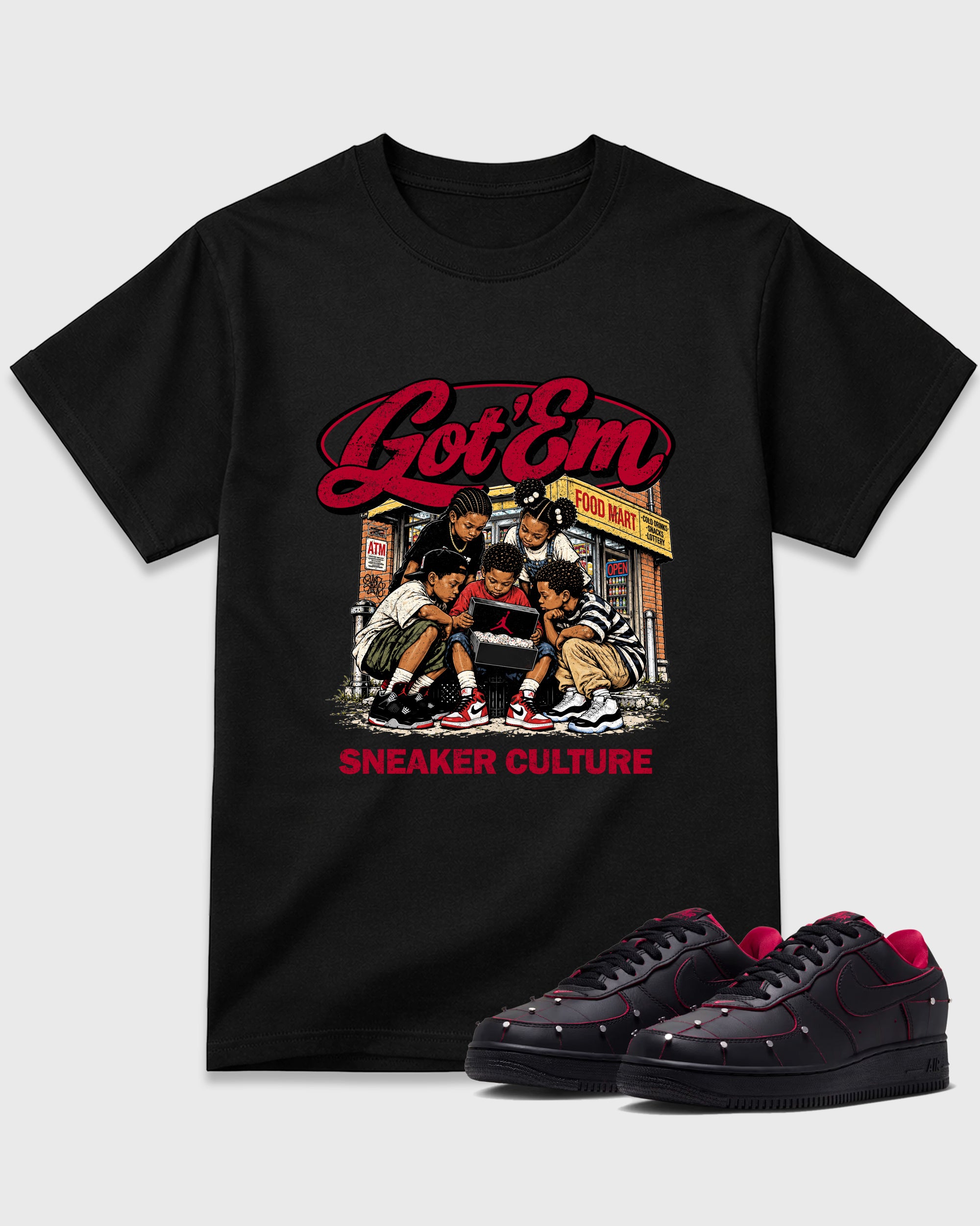 The Kick Club Graphic T-Shirt featuring original streetwear artwork designed to match the Air Force 1 Nightmare. Black 1 Graphic T-Shirt.