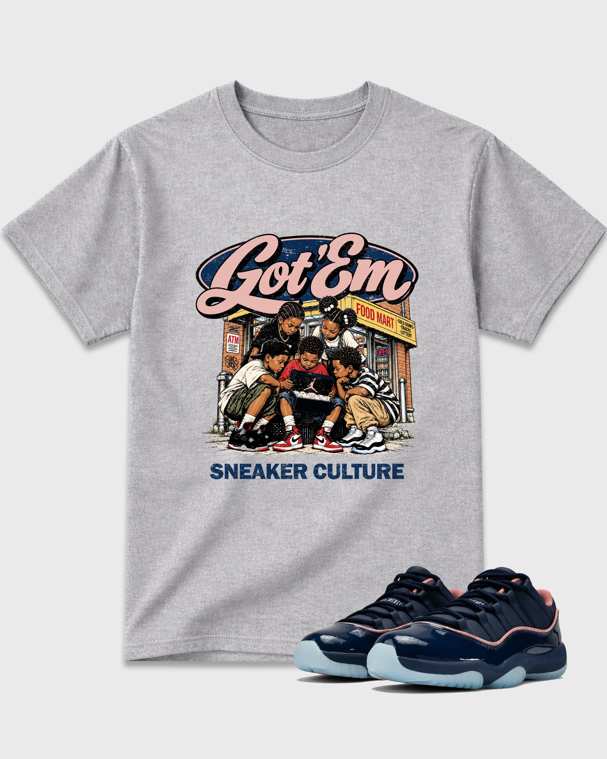 The Kick Club Graphic T-Shirt featuring original streetwear artwork designed to match the Air Jordan 11 Made For Locals. Heather Grey 1 Graphic T-Shirt.