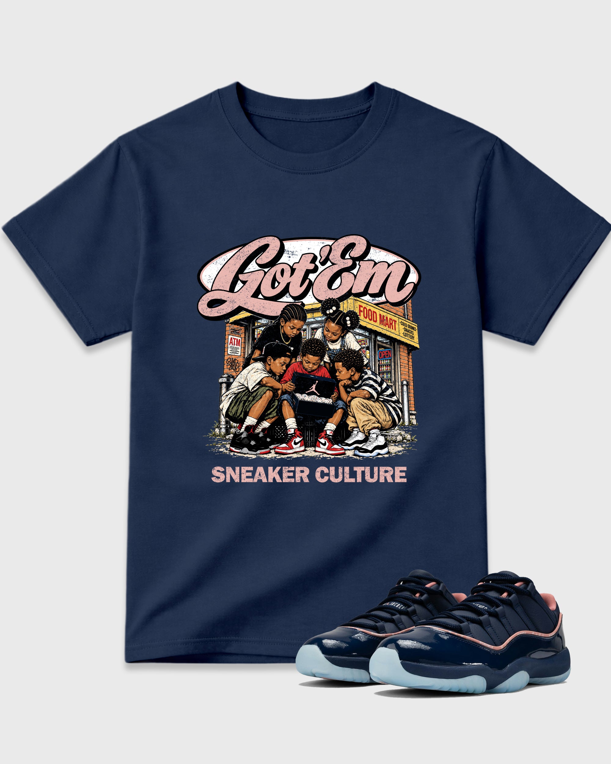 The Kick Club Graphic T-Shirt featuring original streetwear artwork designed to match the Air Jordan 11 Made For Locals. Navy 1 Graphic T-Shirt.