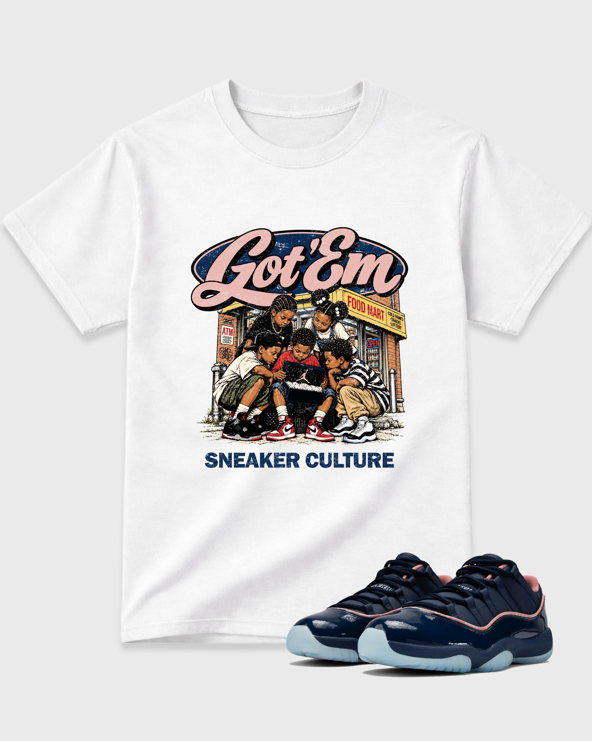 The Kick Club Graphic T-Shirt featuring original streetwear artwork designed to match the Air Jordan 11 Made For Locals. White 1 Graphic T-Shirt.