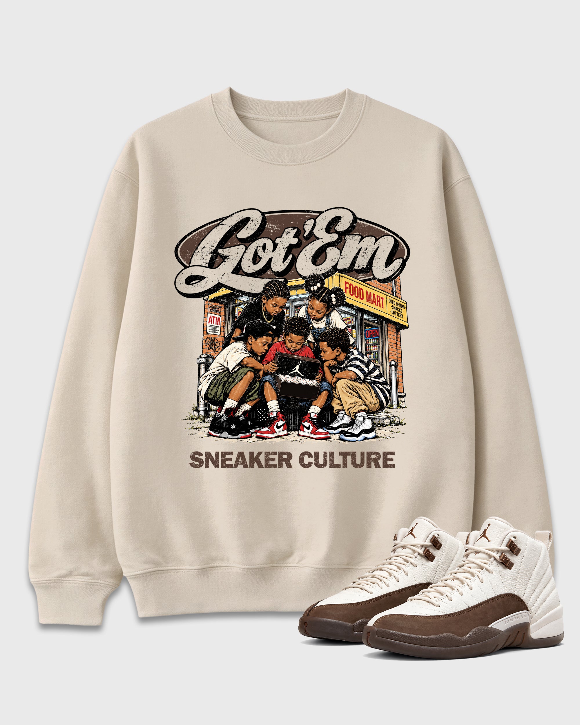 The Kick Club Graphic T-Shirt featuring original streetwear artwork designed to match the Air Jordan 12 Fireside. Natural 1 Graphic Tee.