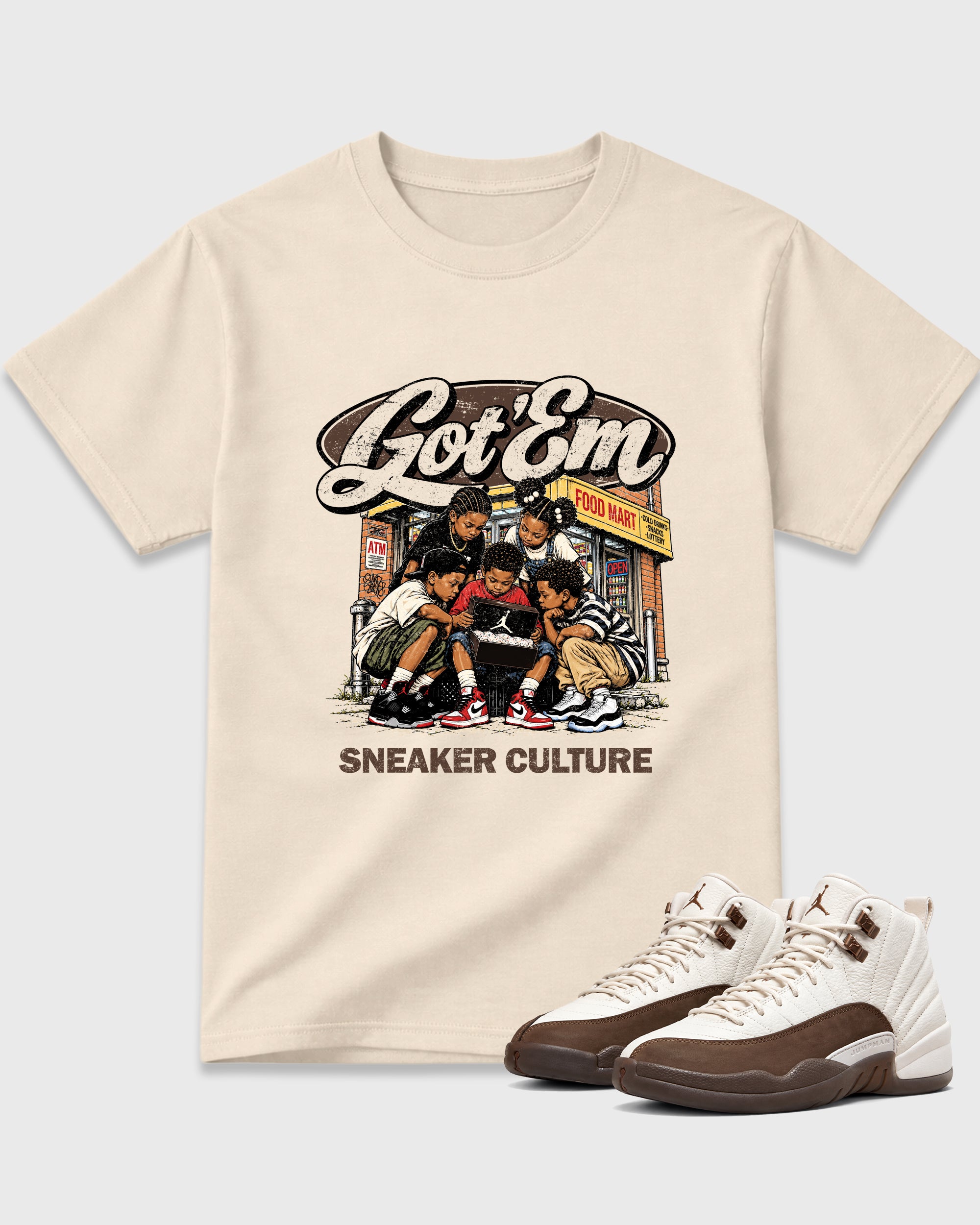 The Kick Club Graphic T-Shirt featuring original streetwear artwork designed to match the Air Jordan 12 Fireside. Natural 1 Graphic T-Shirt.