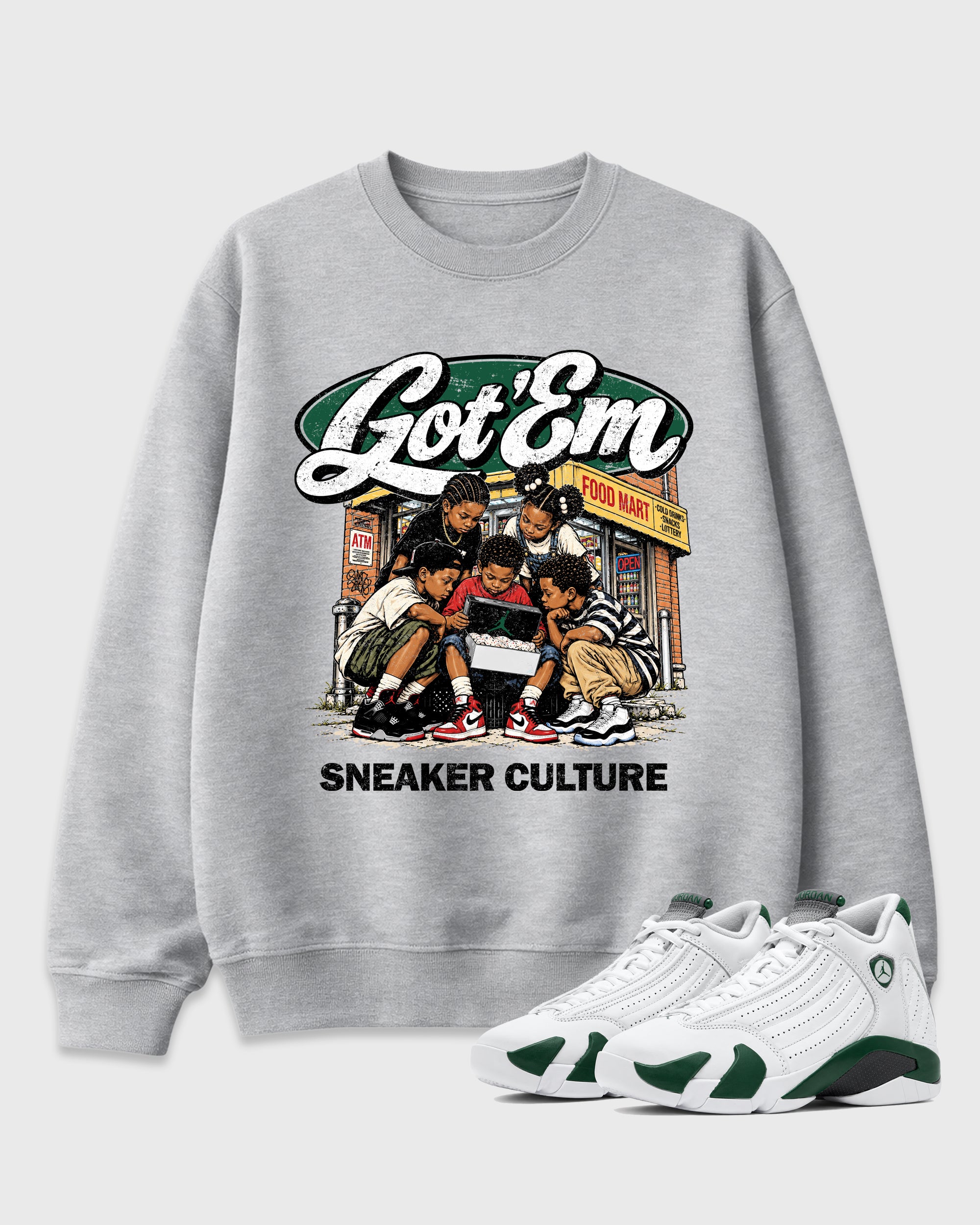 The Kick Club Graphic T-Shirt featuring original streetwear artwork designed to match the Air Jordan 14 Forest Green. Heather Grey 1 Graphic Tee.