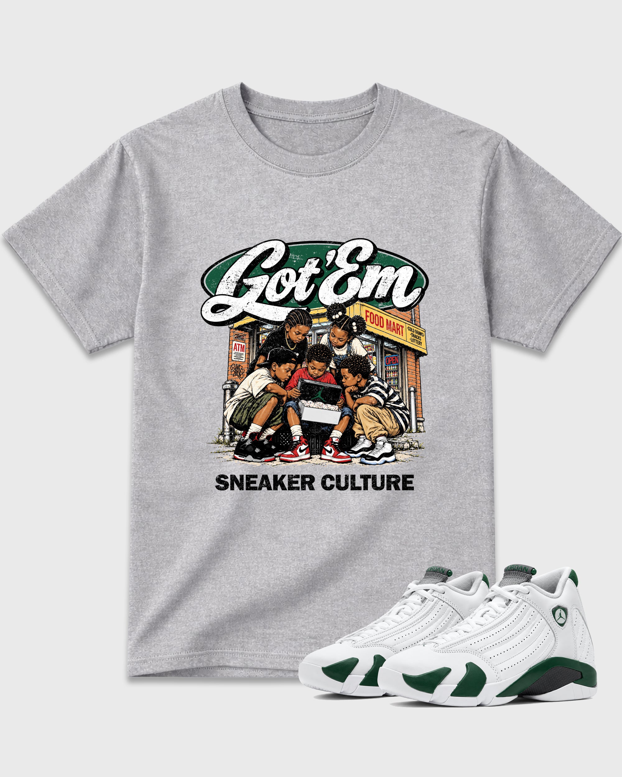 The Kick Club Graphic T-Shirt featuring original streetwear artwork designed to match the Air Jordan 14 Forest Green. Heather Grey 1 Graphic T-Shirt.
