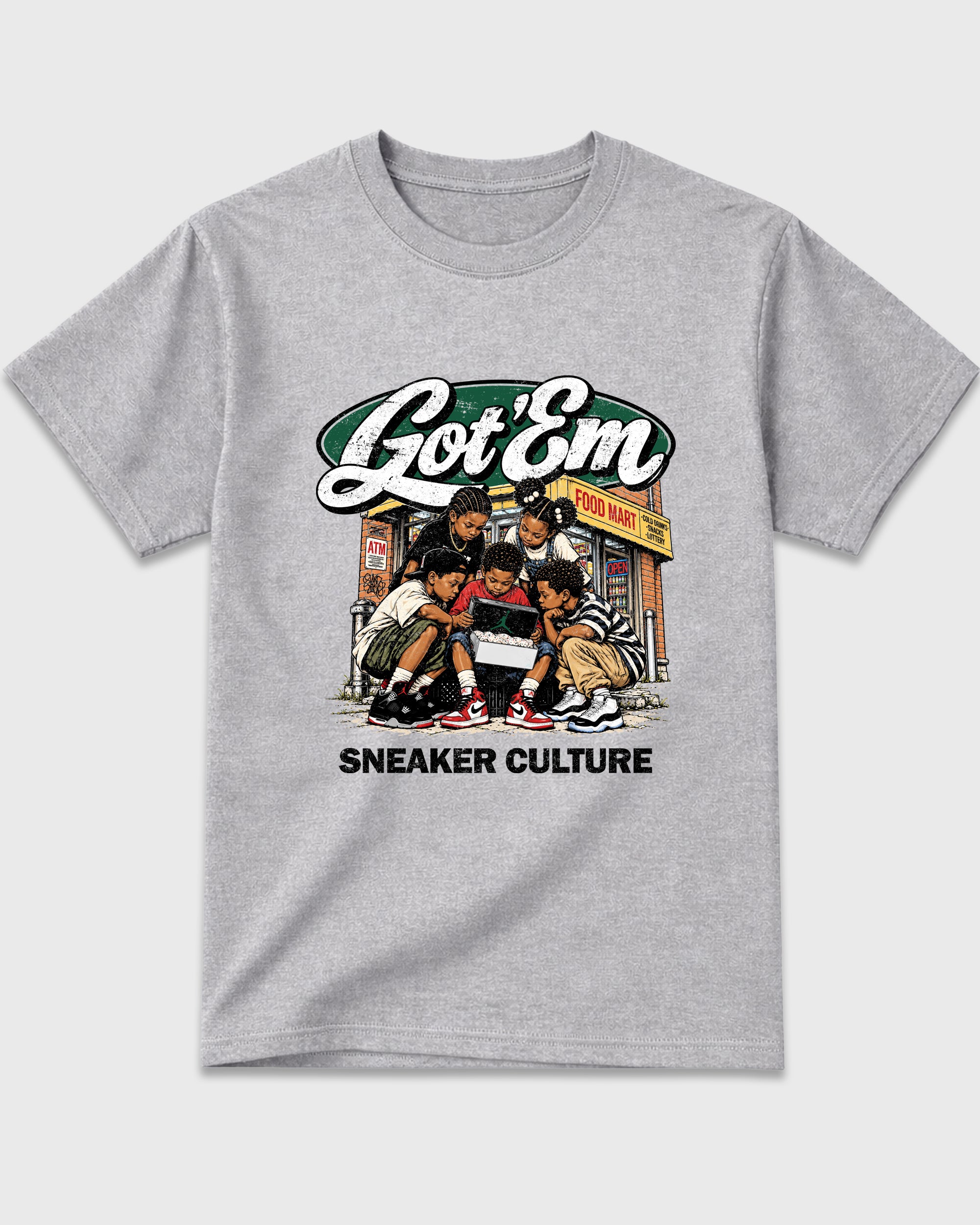 The Kick Club Graphic T-Shirt featuring original streetwear artwork designed to match the Air Jordan 14 Forest Green. Heather Grey 2 Graphic T-Shirt.