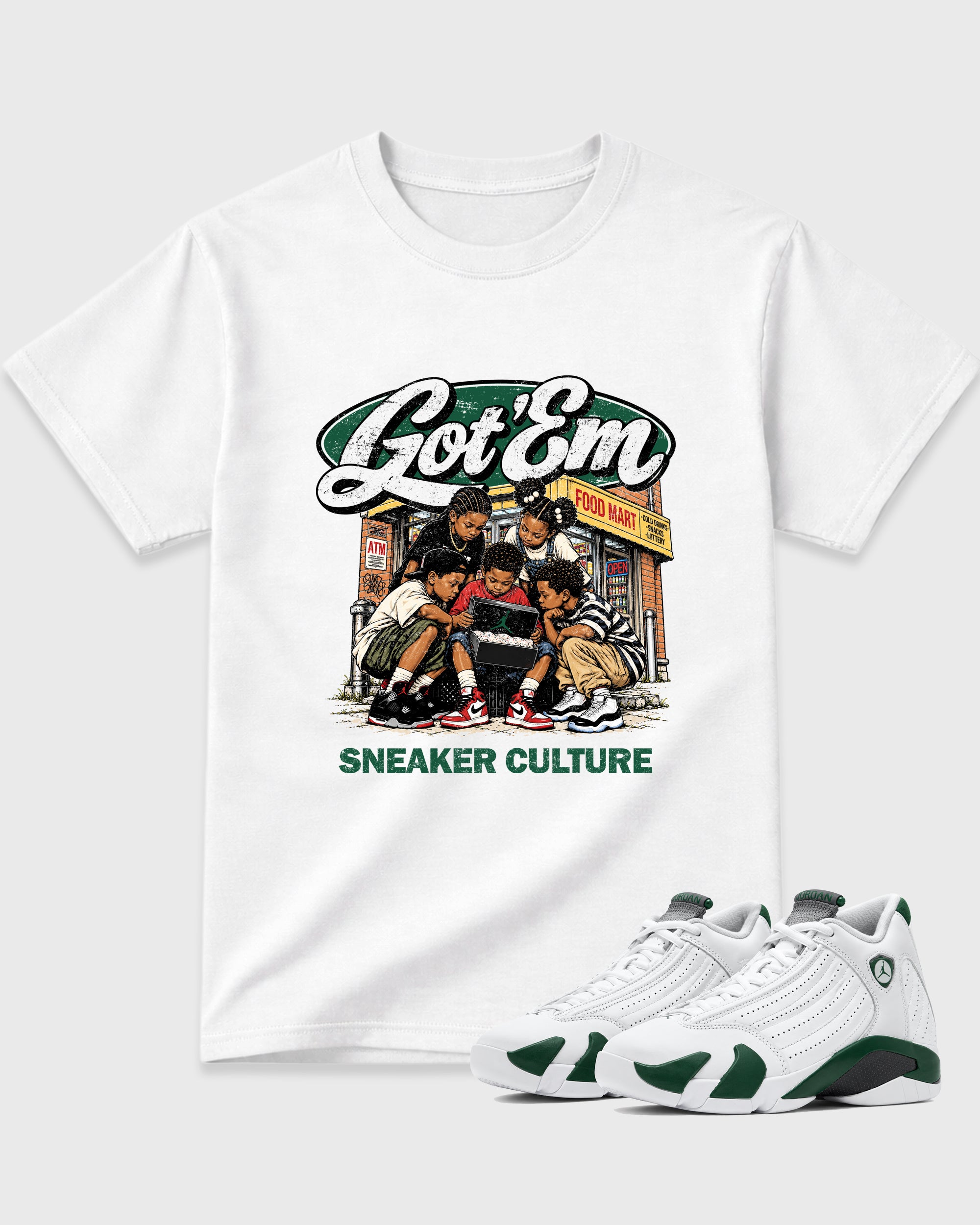 The Kick Club Graphic T-Shirt featuring original streetwear artwork designed to match the Air Jordan 14 Forest Green. White 1 Graphic T-Shirt.