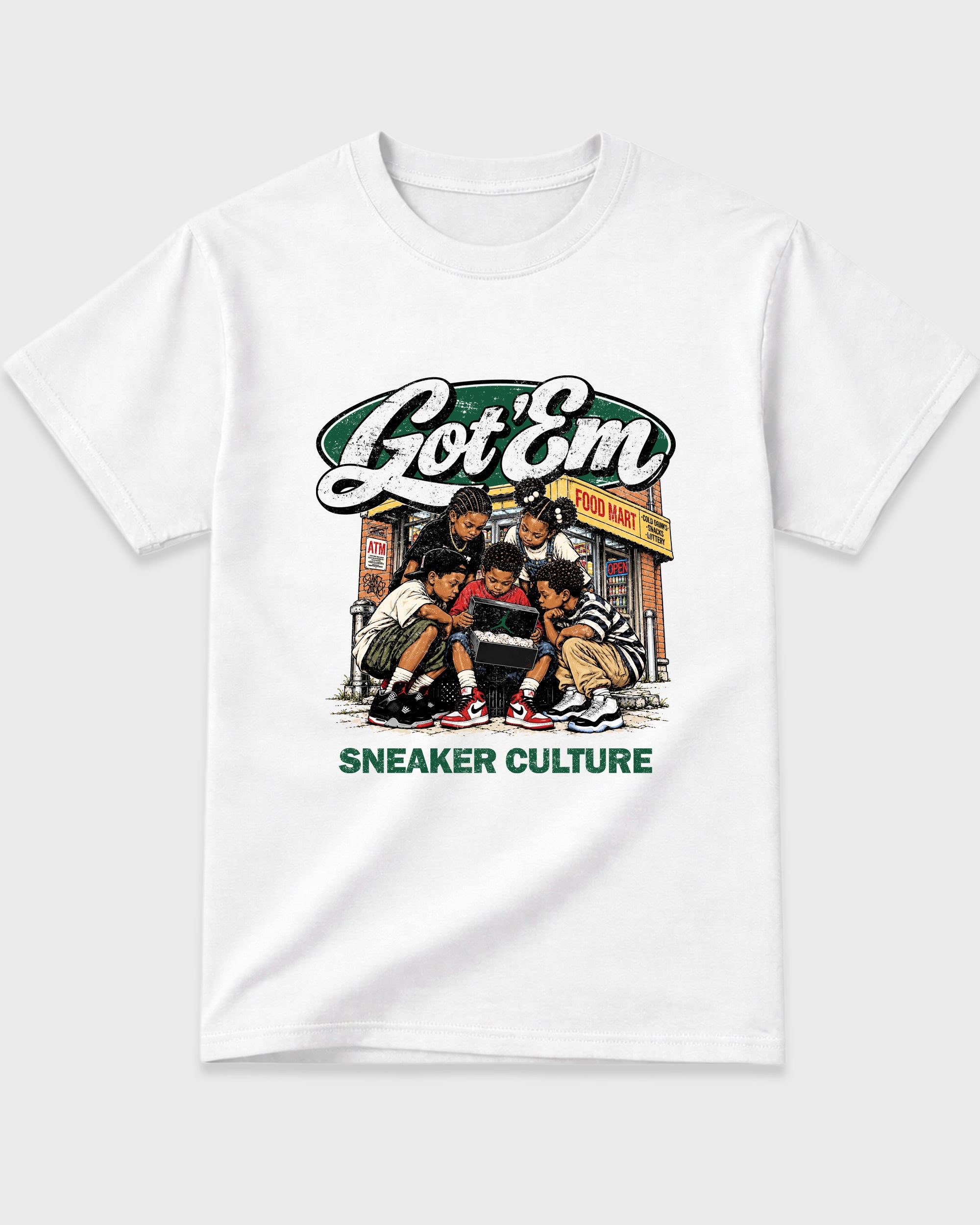 The Kick Club Graphic T-Shirt featuring original streetwear artwork designed to match the Air Jordan 14 Forest Green. White 2 Graphic T-Shirt.