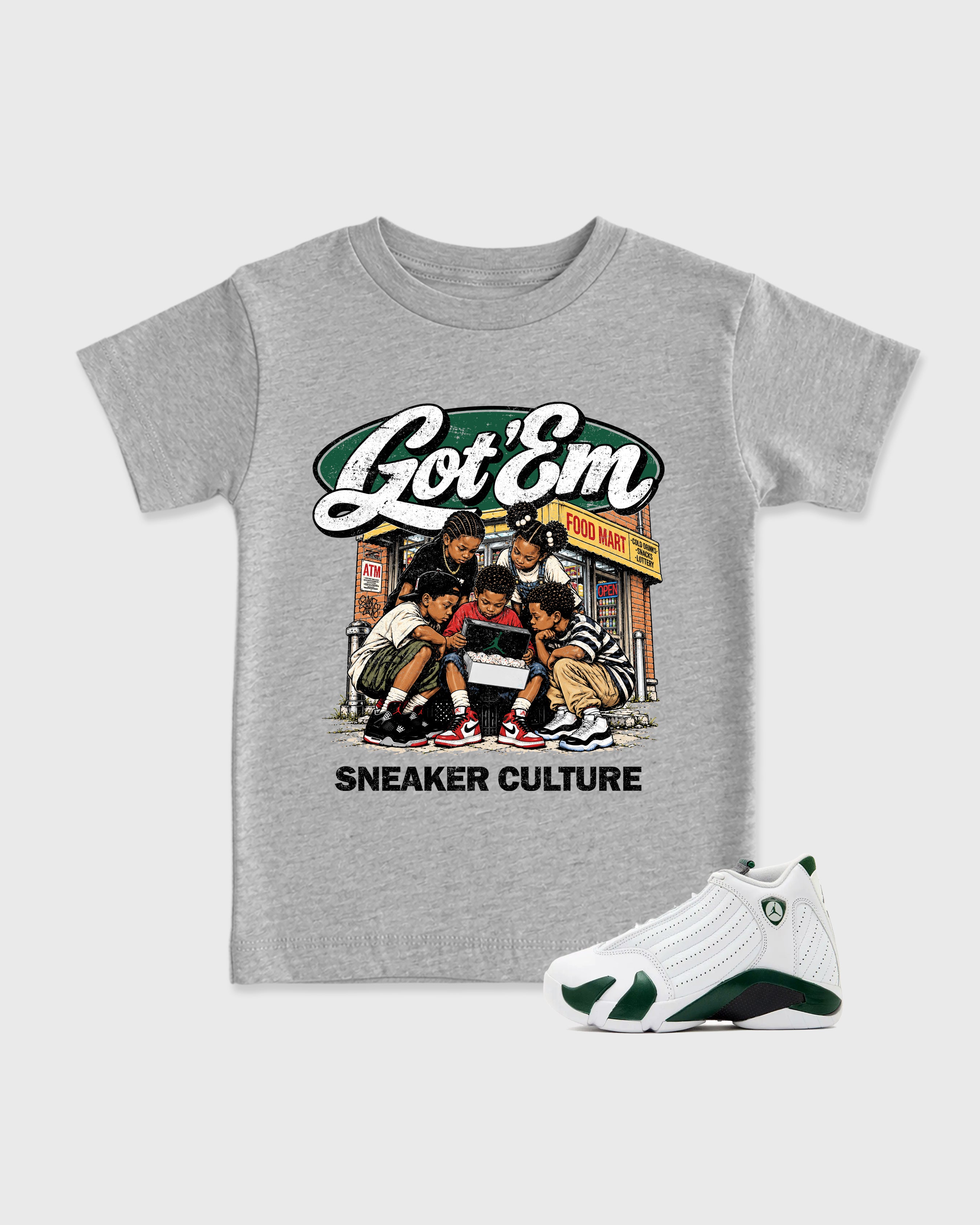 The Kick Club Baby & Kids Graphic T-Shirt featuring original artwork designed to match the Air Jordan 14 Forest Green. Heather Grey 1 Kids Graphic Tee.