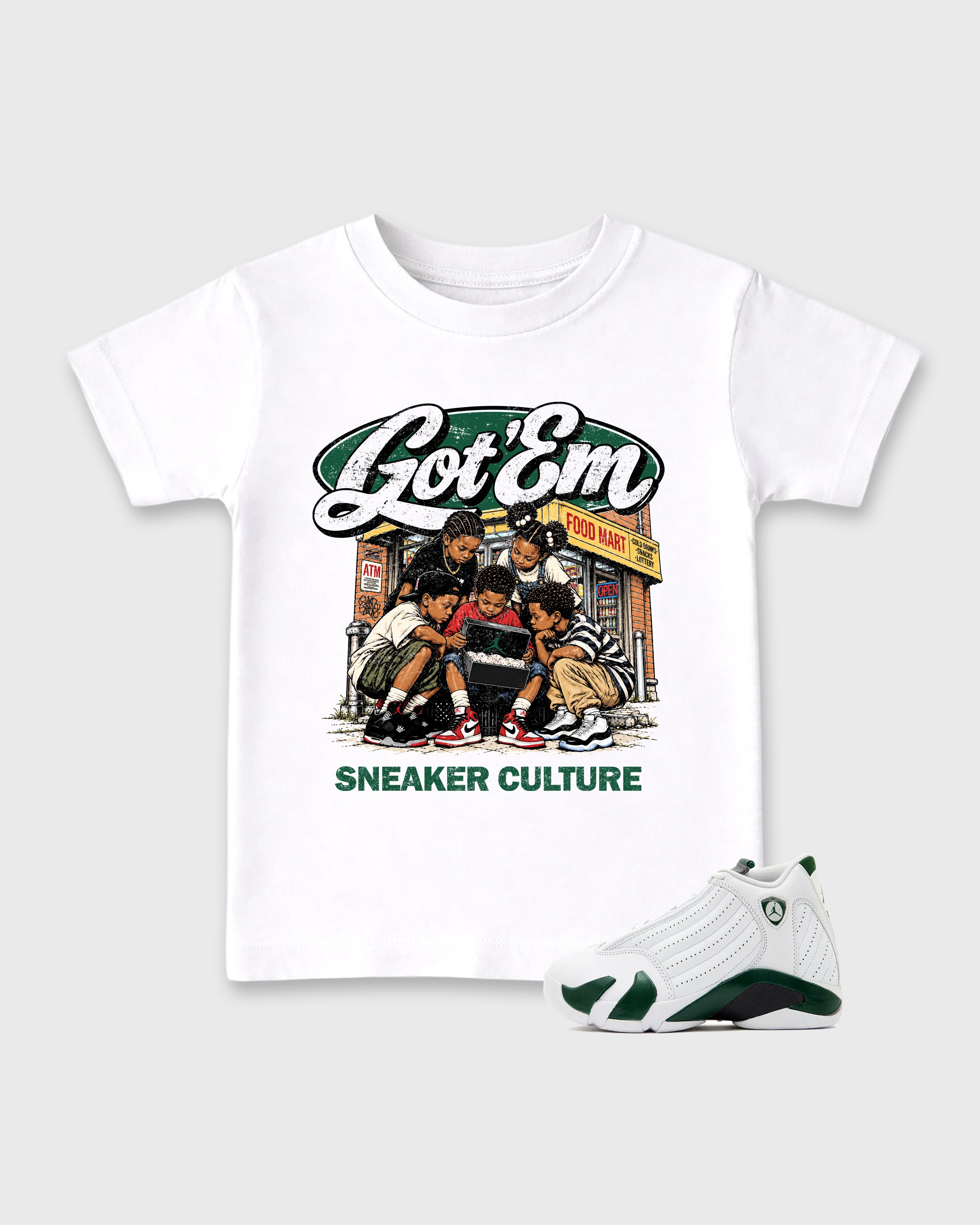 The Kick Club Baby & Kids Graphic T-Shirt featuring original artwork designed to match the Air Jordan 14 Forest Green. White 1 Kids Graphic Tee.