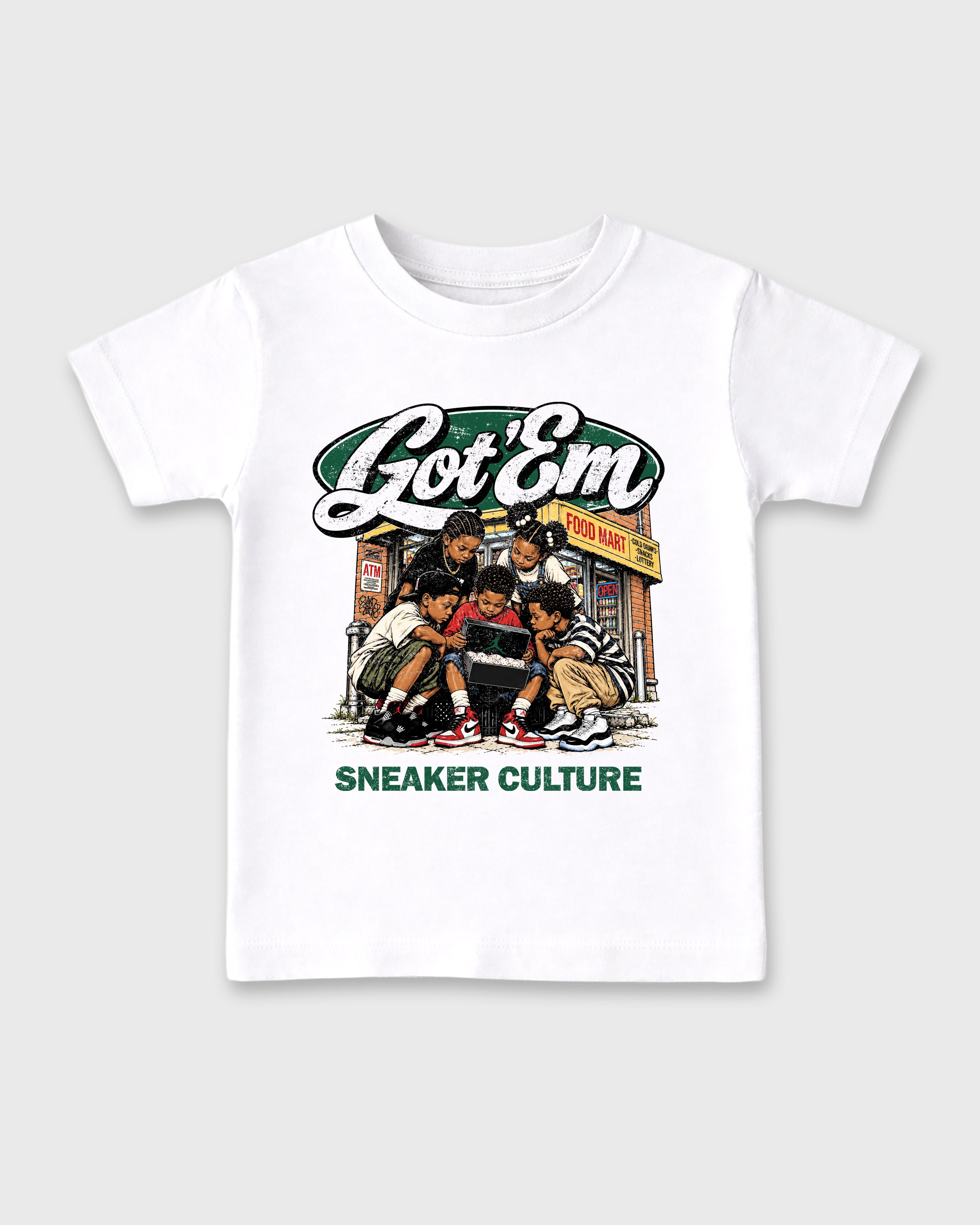 The Kick Club Baby & Kids Graphic T-Shirt featuring original artwork designed to match the Air Jordan 14 Forest Green. White 2 Kids Graphic Tee.