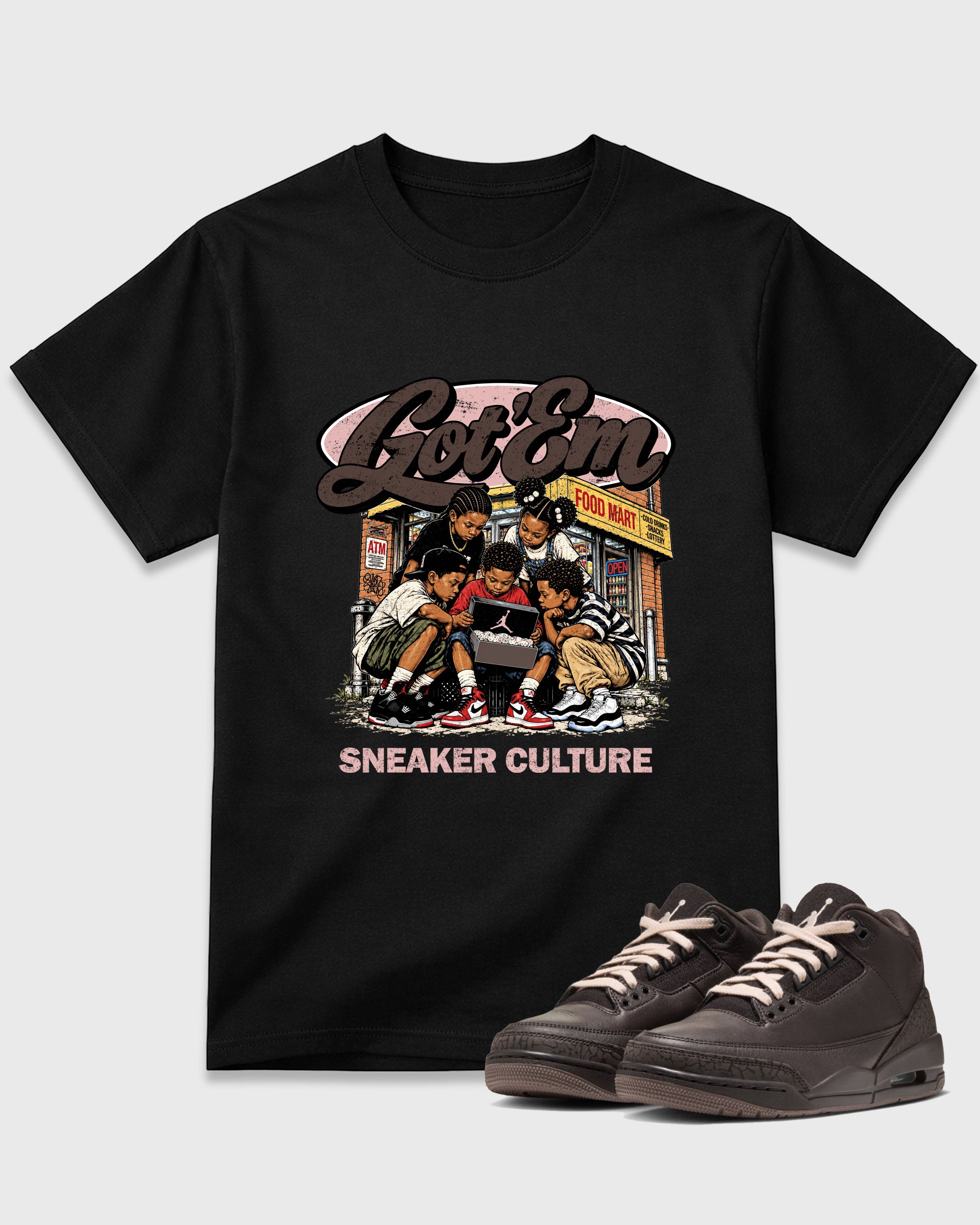 The Kick Club Graphic T-Shirt featuring original streetwear artwork designed to match the Air Jordan 3 Fireside. Black 1 Graphic T-Shirt.