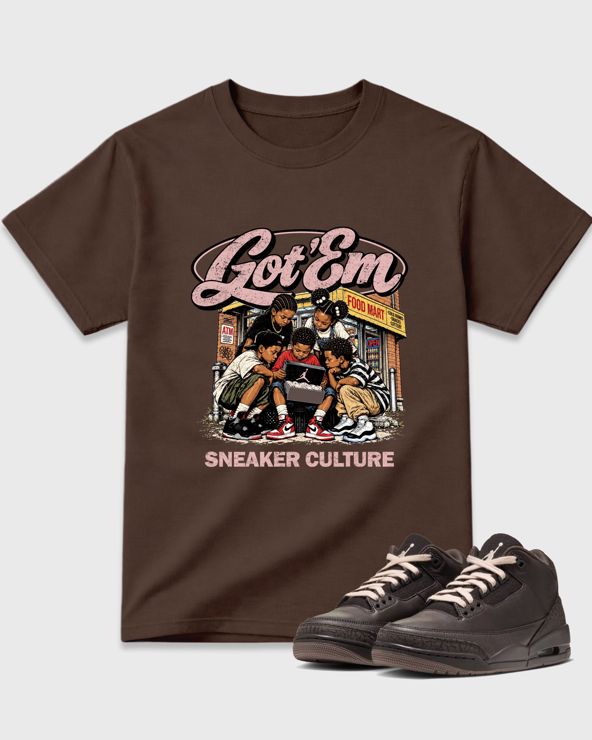 The Kick Club Graphic T-Shirt featuring original streetwear artwork designed to match the Air Jordan 3 Fireside. Dark Chocolate 1 Graphic T-Shirt.