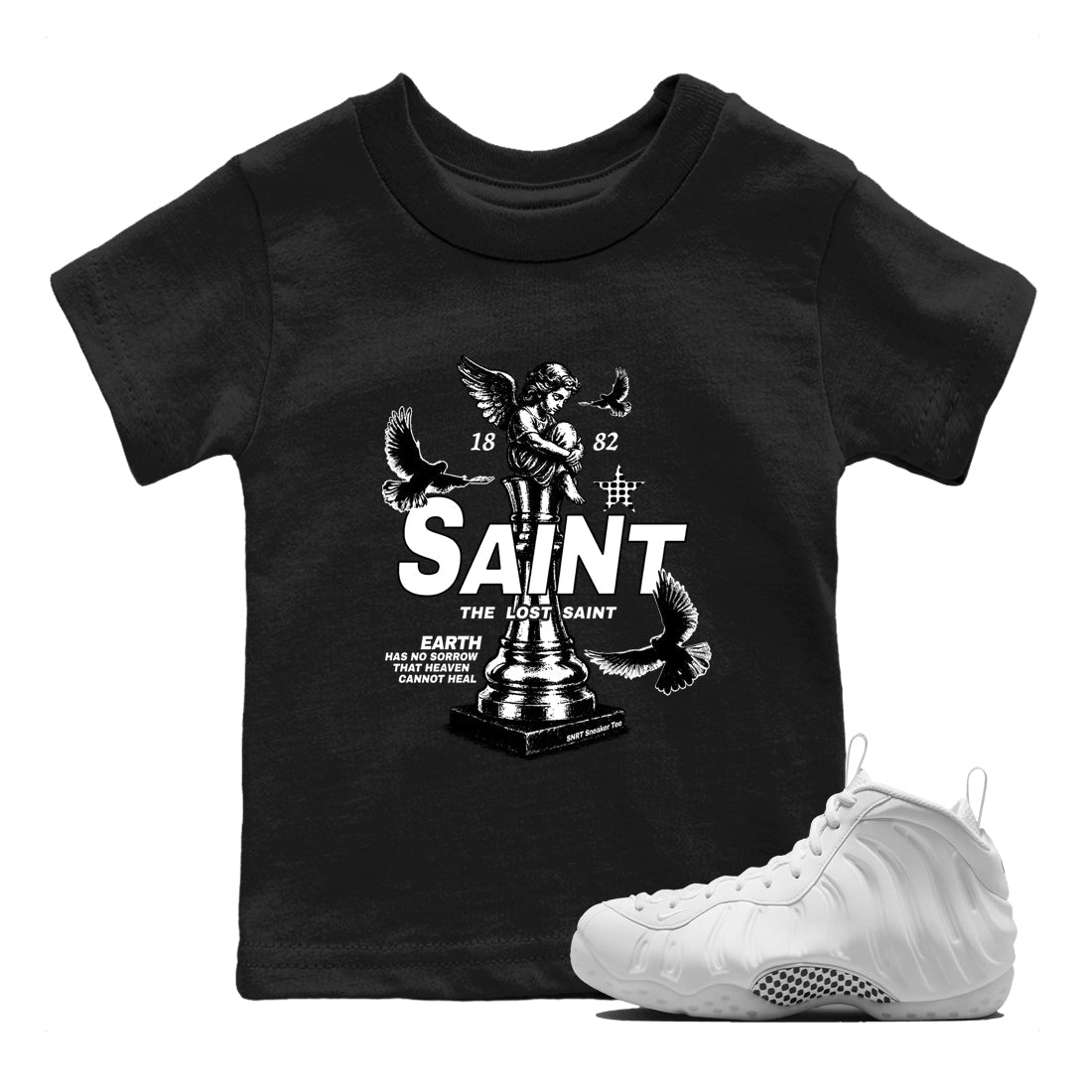The Lost Saint baby and kids t-shirt crafted for little sneakerheads to shine with the Air Foamposite One Triple White sneakers, displayed in Black 1.