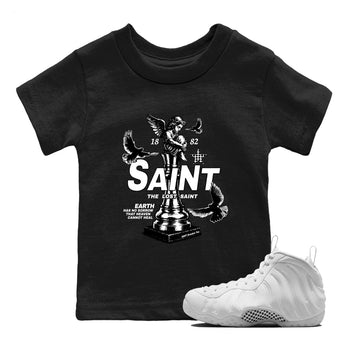 The Lost Saint baby and kids t-shirt crafted for little sneakerheads to shine with the Air Foamposite One Triple White sneakers, displayed in Black 1.