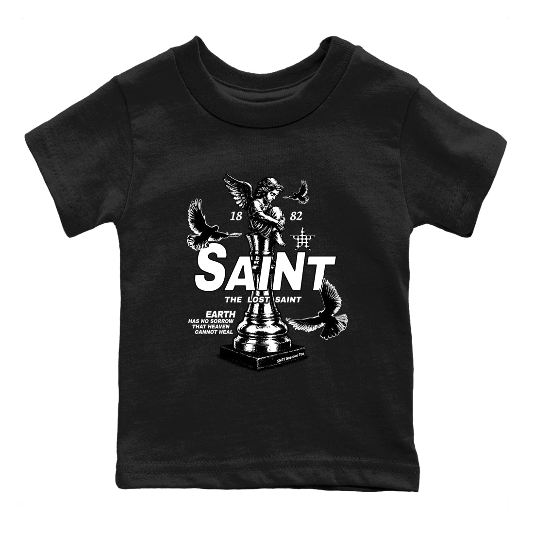 The Lost Saint baby and kids t-shirt crafted for little sneakerheads to shine with the Air Foamposite One Triple White sneakers, displayed in Black 2.