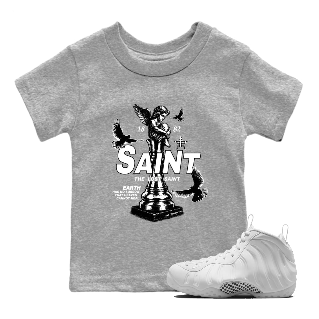 The Lost Saint baby and kids t-shirt crafted for little sneakerheads to shine with the Air Foamposite One Triple White sneakers, displayed in Heather Grey 1.