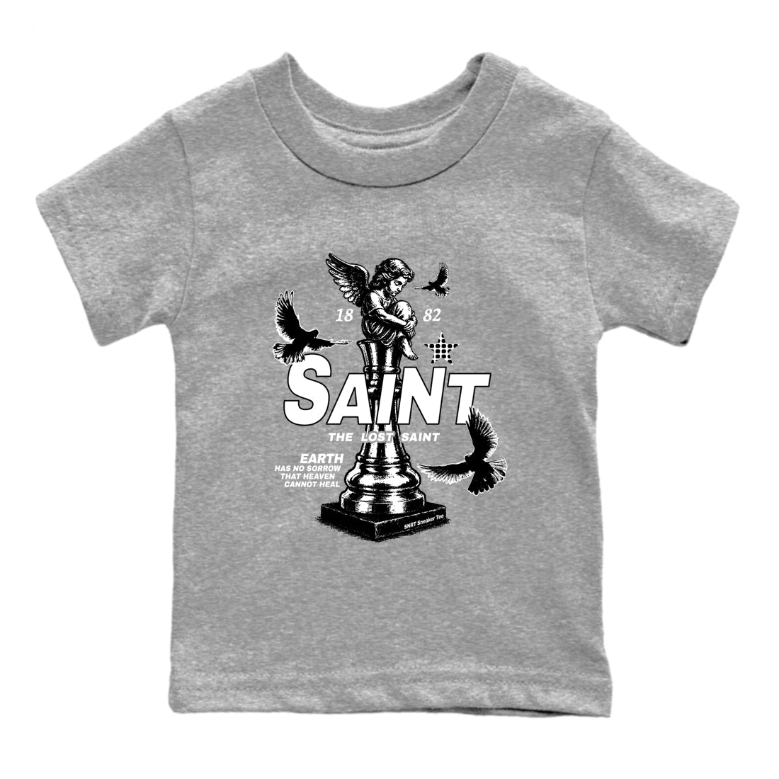 The Lost Saint baby and kids t-shirt crafted for little sneakerheads to shine with the Air Foamposite One Triple White sneakers, displayed in Heather Grey 2.