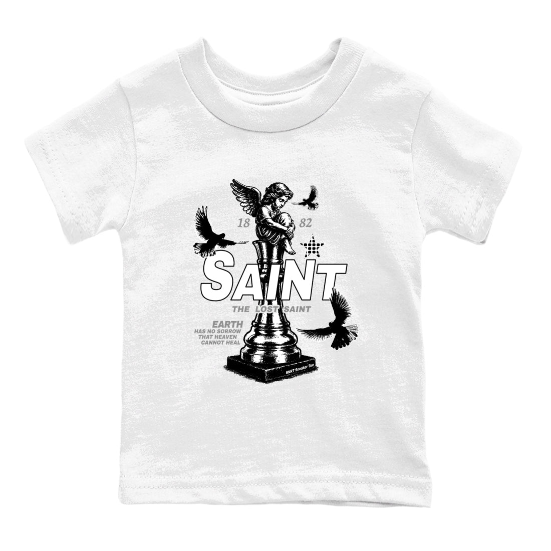The Lost Saint baby and kids t-shirt crafted for little sneakerheads to shine with the Air Foamposite One Triple White sneakers, displayed in White 2.