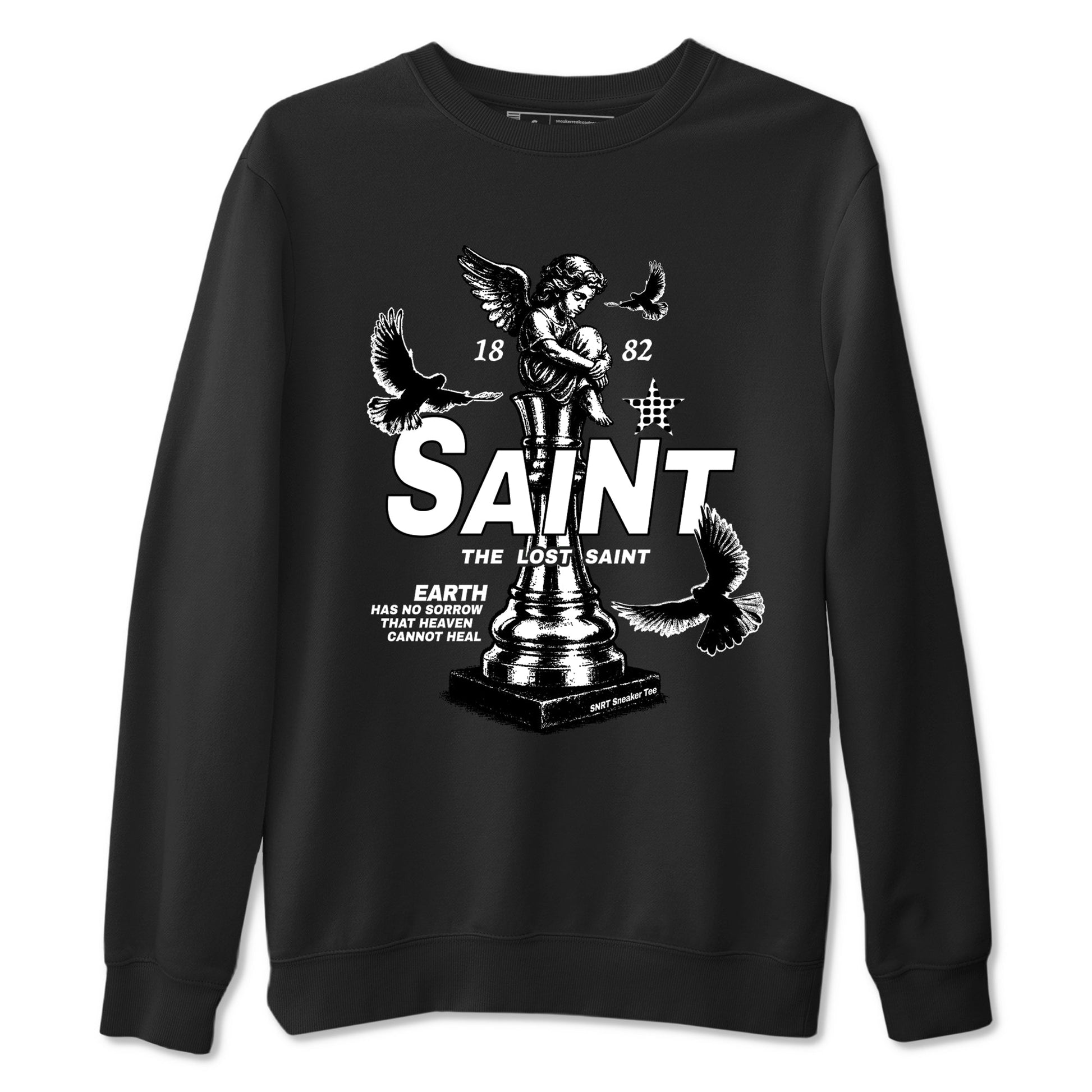 The Lost Saint sneaker match t-shirt styled to complete your fit with the Air Foamposite One Triple White sneakers, graphic shirts in Black 2.