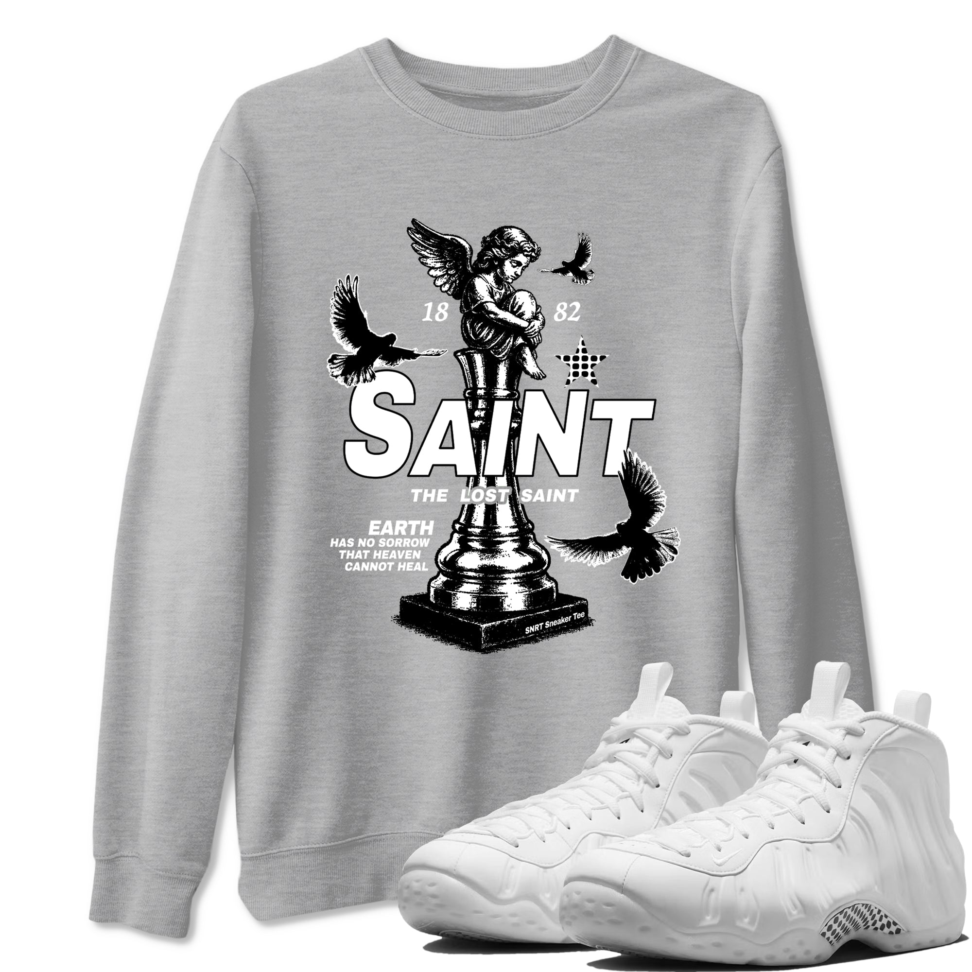 The Lost Saint sneaker match t-shirt styled to complete your fit with the Air Foamposite One Triple White sneakers, graphic shirts in Heather Grey 1.