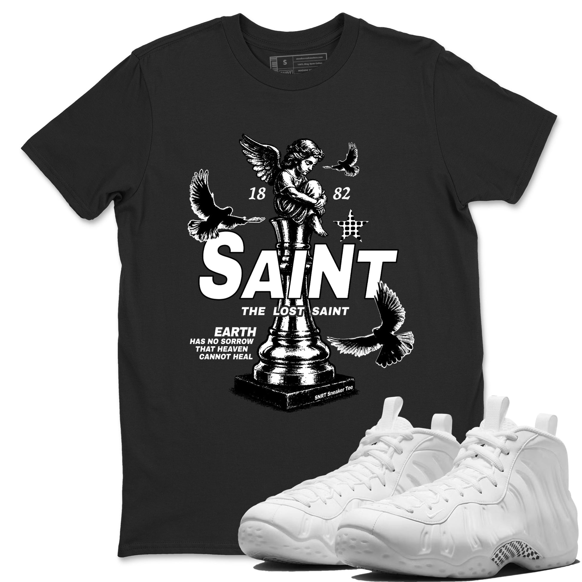 The Lost Saint sneaker match t-shirt styled to complete your fit with the Air Foamposite One Triple White sneakers, graphic shirts in Black 1.