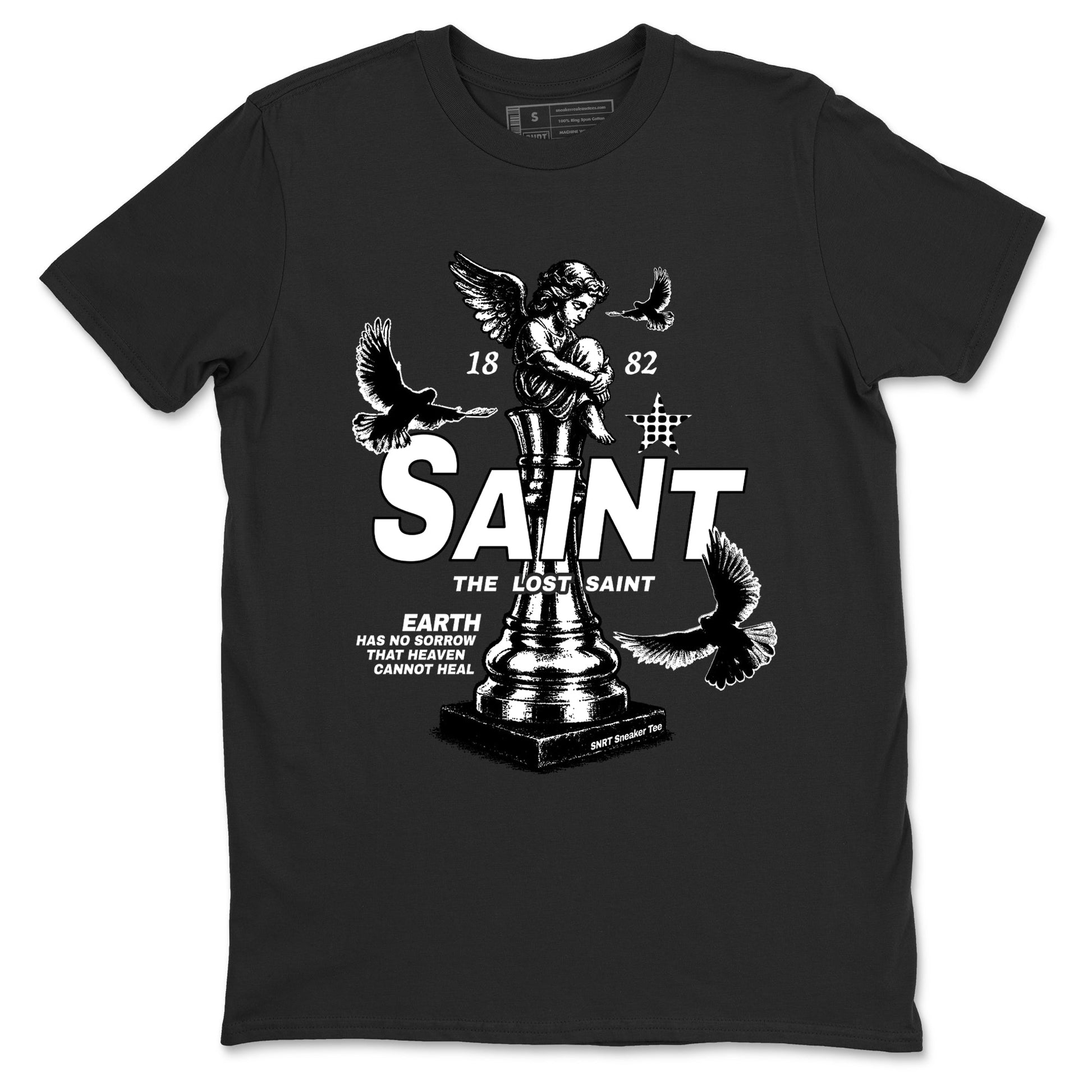 The Lost Saint sneaker match t-shirt styled to complete your fit with the Air Foamposite One Triple White sneakers, graphic shirts in Black 2.