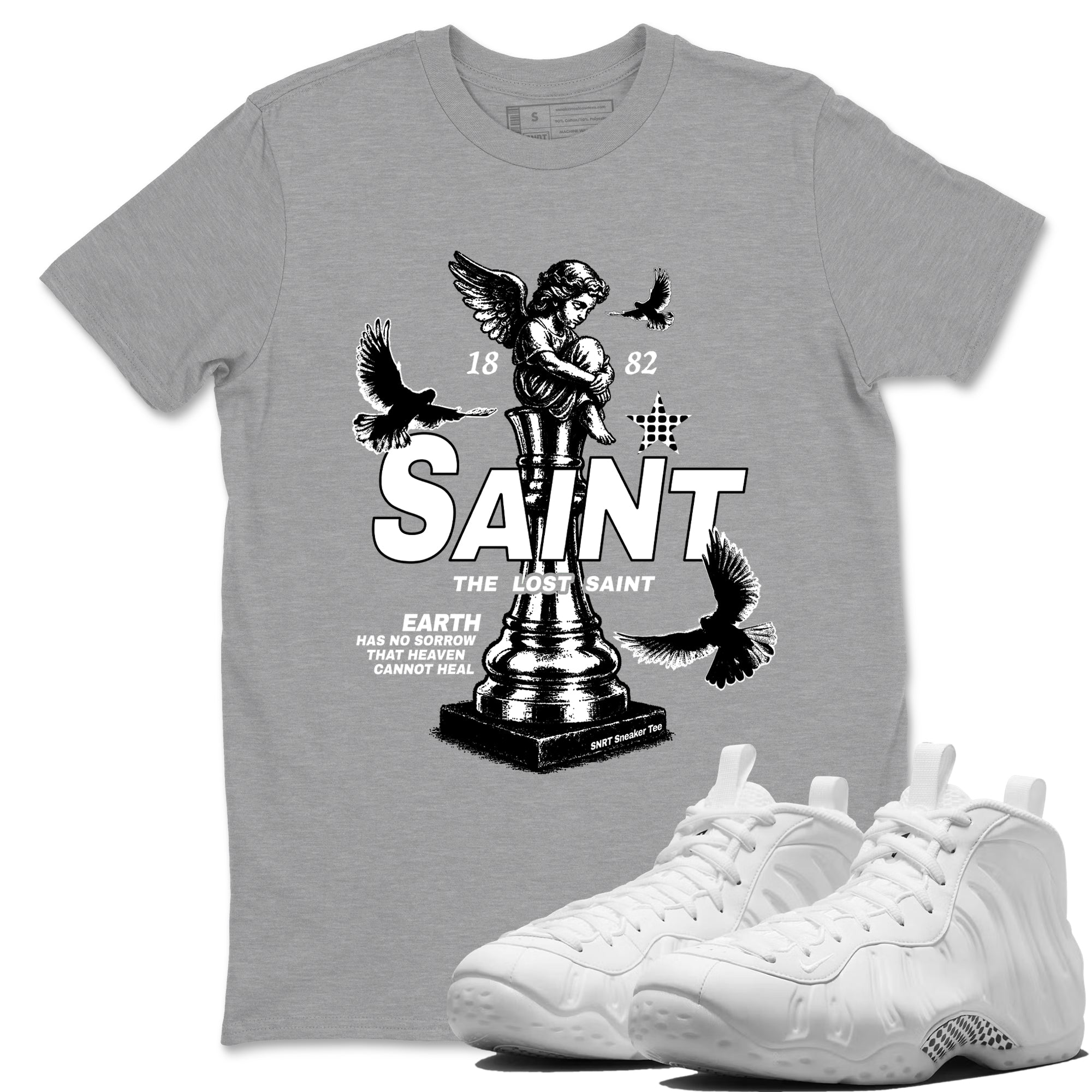 The Lost Saint sneaker match t-shirt styled to complete your fit with the Air Foamposite One Triple White sneakers, graphic shirts in Heather Grey 1.