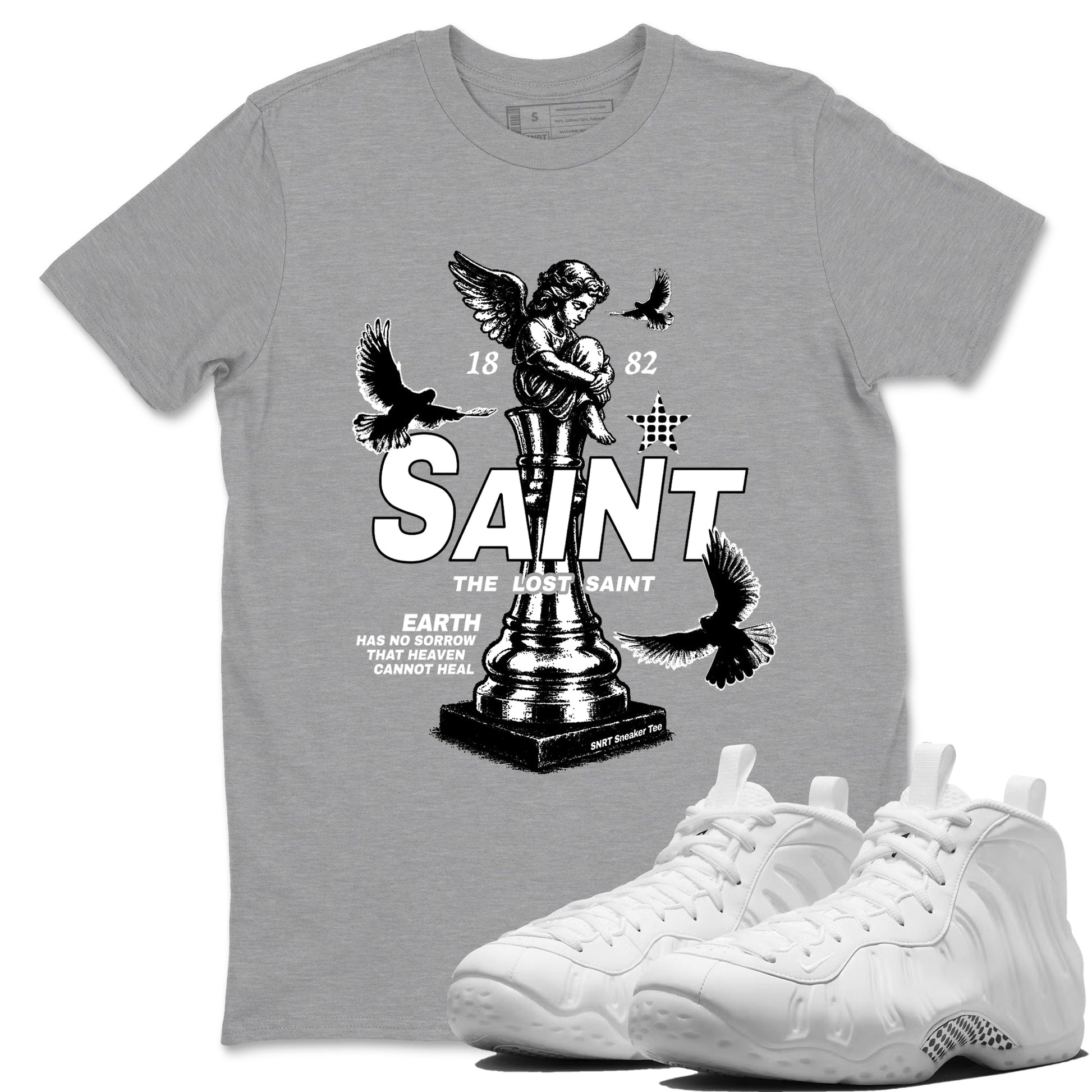 The Lost Saint sneaker match t-shirt styled to complete your fit with the Air Foamposite One Triple White sneakers, graphic shirts in Heather Grey 1.