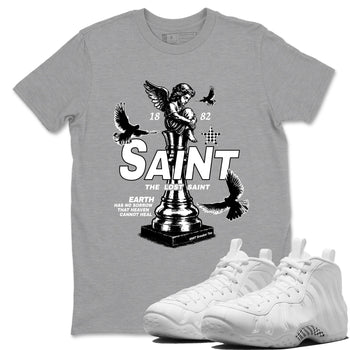 The Lost Saint sneaker match t-shirt styled to complete your fit with the Air Foamposite One Triple White sneakers, graphic shirts in Heather Grey 1.