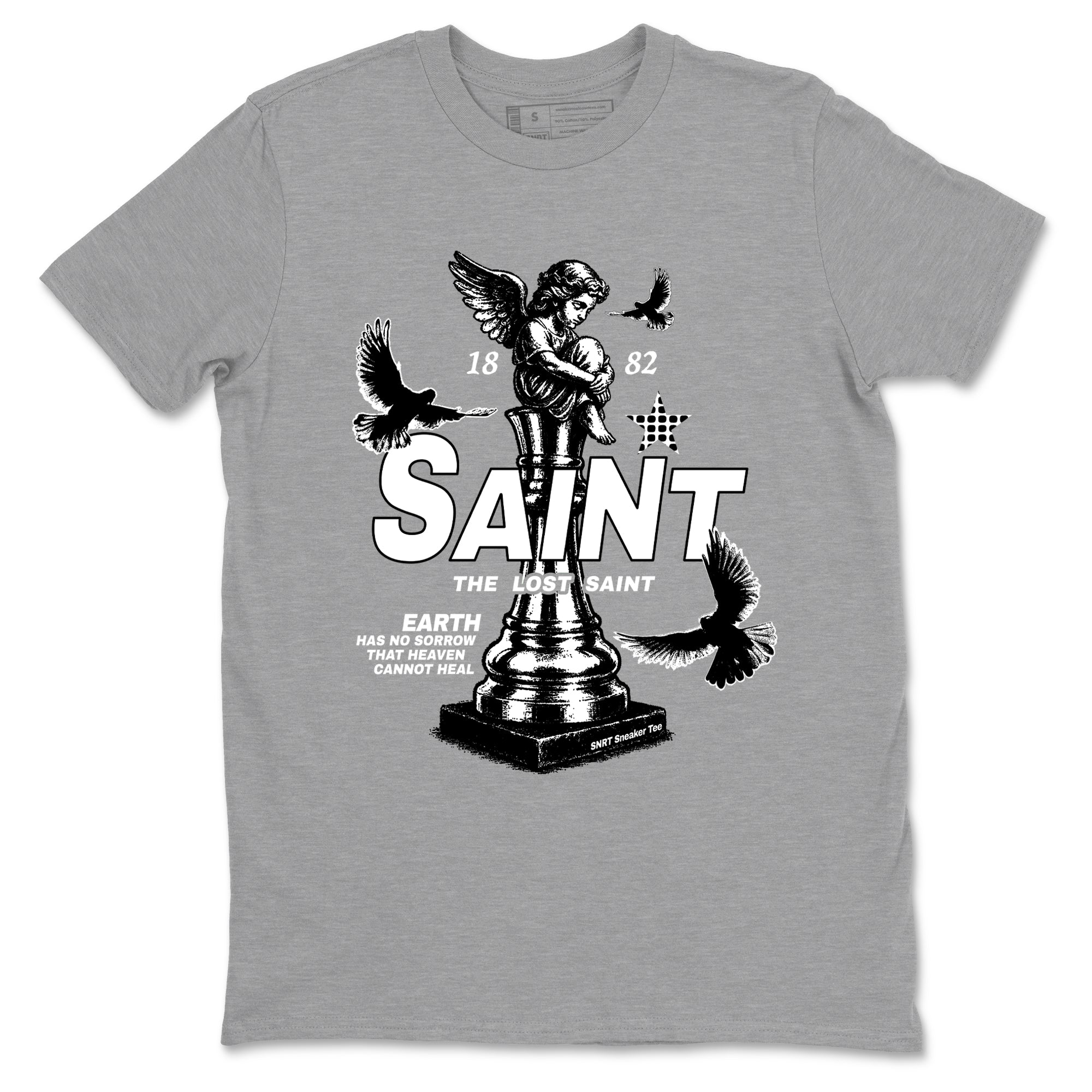 The Lost Saint sneaker match t-shirt styled to complete your fit with the Air Foamposite One Triple White sneakers, graphic shirts in Heather Grey 2.