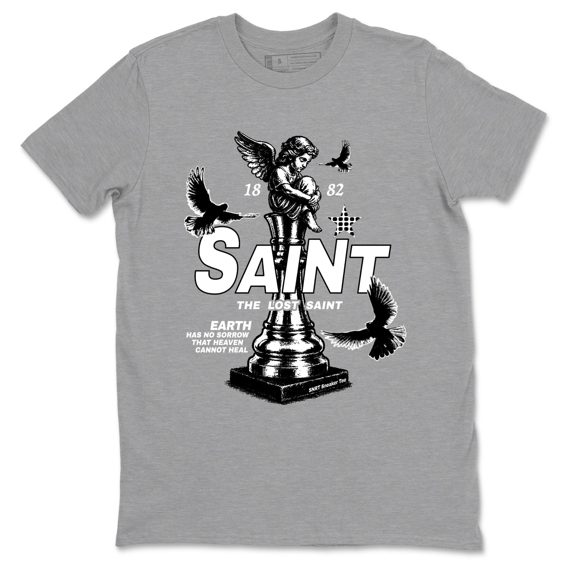 The Lost Saint sneaker match t-shirt styled to complete your fit with the Air Foamposite One Triple White sneakers, graphic shirts in Heather Grey 2.