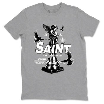 The Lost Saint sneaker match t-shirt styled to complete your fit with the Air Foamposite One Triple White sneakers, graphic shirts in Heather Grey 2.