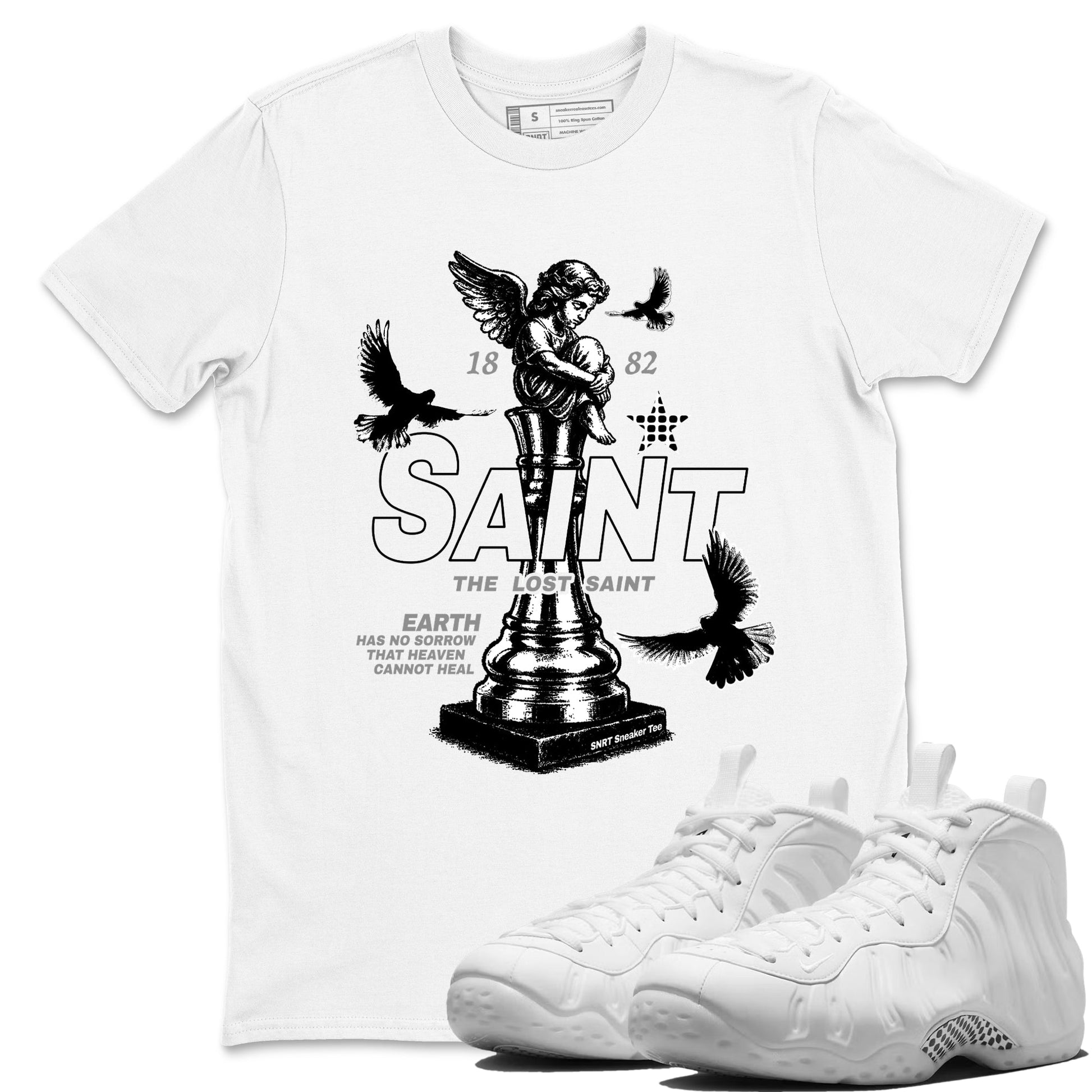 The Lost Saint sneaker match t-shirt styled to complete your fit with the Air Foamposite One Triple White sneakers, graphic shirts in White 1.