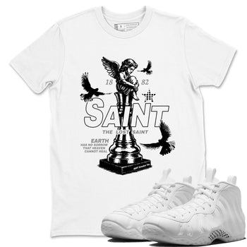 The Lost Saint sneaker match t-shirt styled to complete your fit with the Air Foamposite One Triple White sneakers, graphic shirts in White 1.