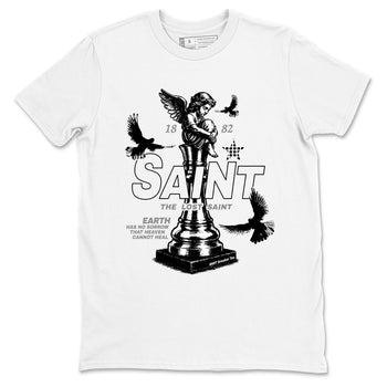 The Lost Saint sneaker match t-shirt styled to complete your fit with the Air Foamposite One Triple White sneakers, graphic shirts in White 2.