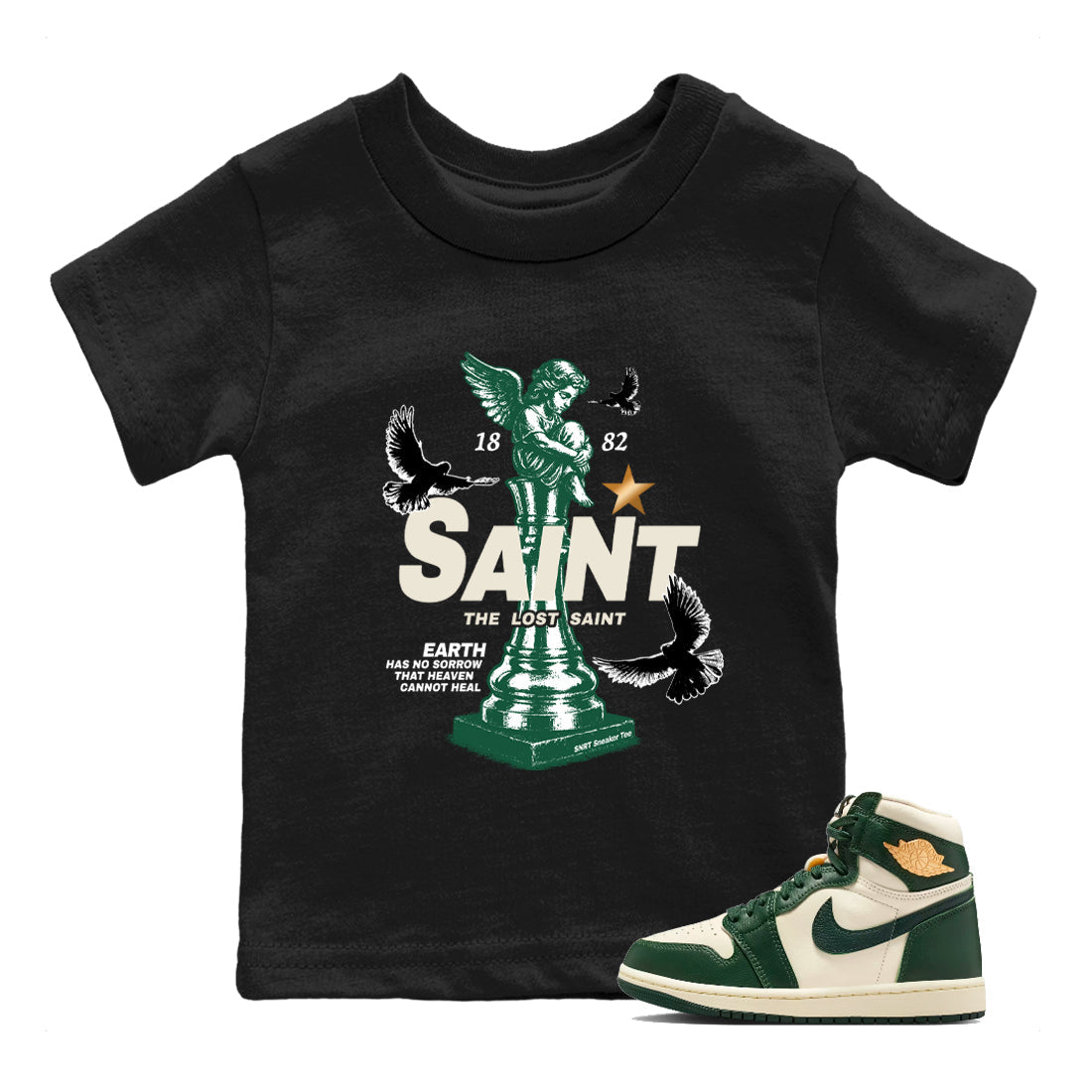 Sneaker Threads – Sneaker Tees To Match Air Jordan 1 Pro Green – The Lost Saint Youth Graphic Tee Black 1. Perfect for Jordan releases 2025 colorways.