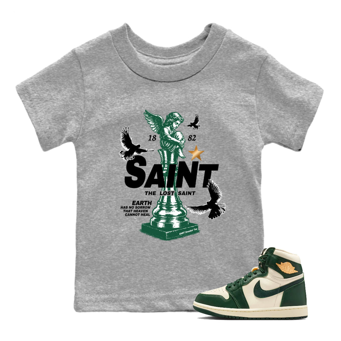Sneaker Threads – Sneaker Tees To Match Air Jordan 1 Pro Green – The Lost Saint Youth Graphic Tee Heather Grey 1. Perfect for Jordan releases 2025 colorways.