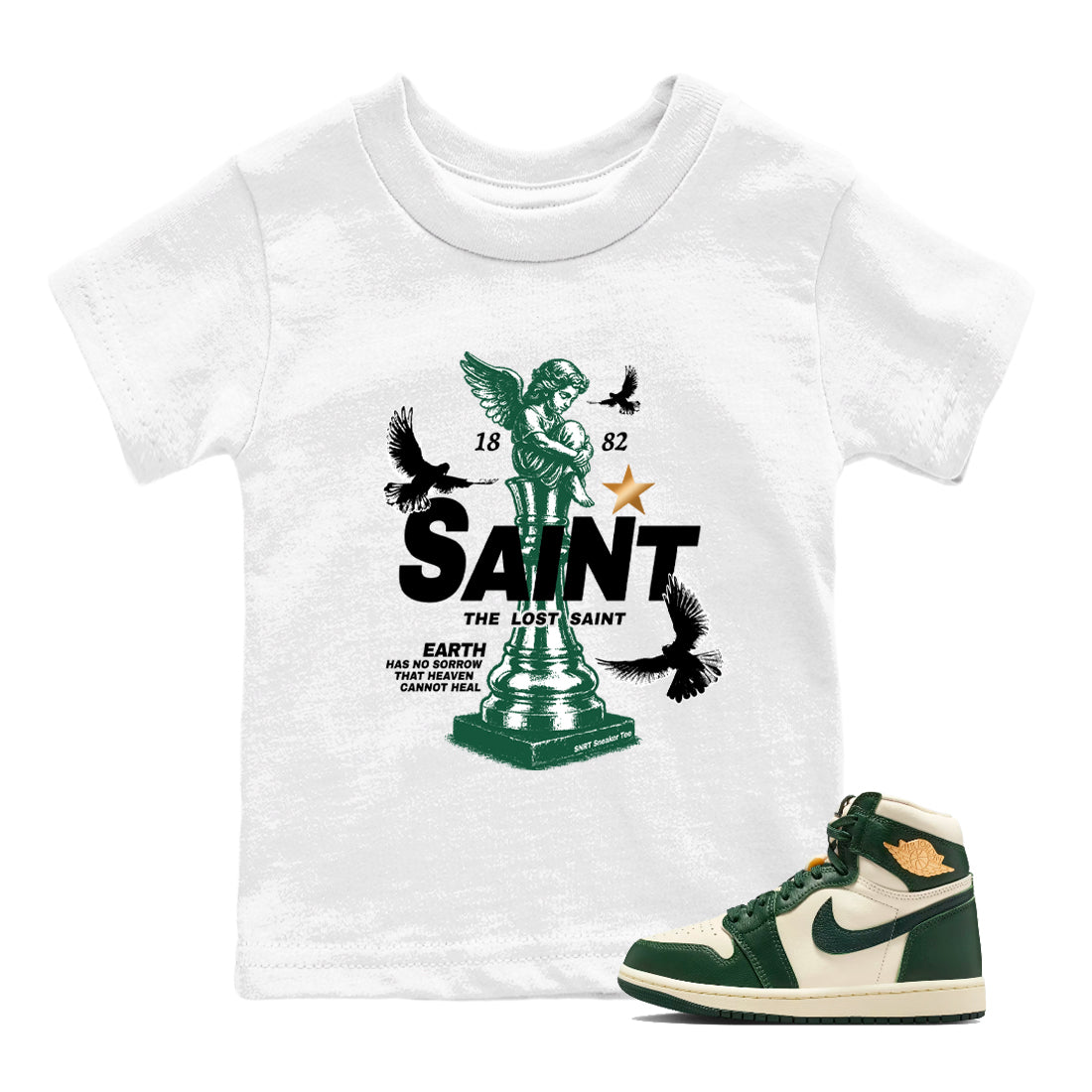 Sneaker Threads – Sneaker Tees To Match Air Jordan 1 Pro Green – The Lost Saint Youth Graphic Tee White 1. Perfect for Jordan releases 2025 colorways.