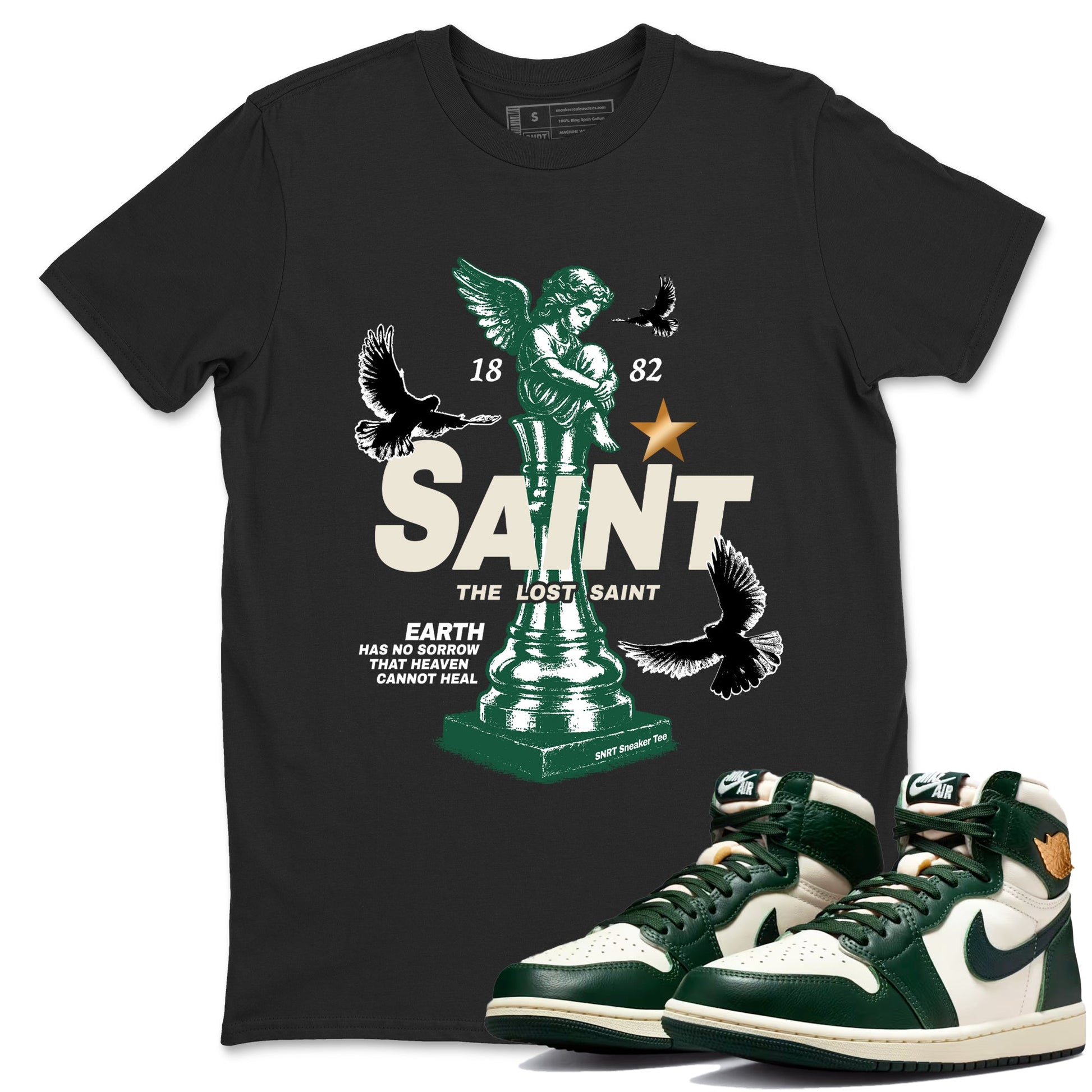 Sneaker Threads – Sneaker Tees To Match Air Jordan 1 Pro Green – The Lost Saint Graphic Tee Black 1. Perfect for Jordan releases 2025 colorways.