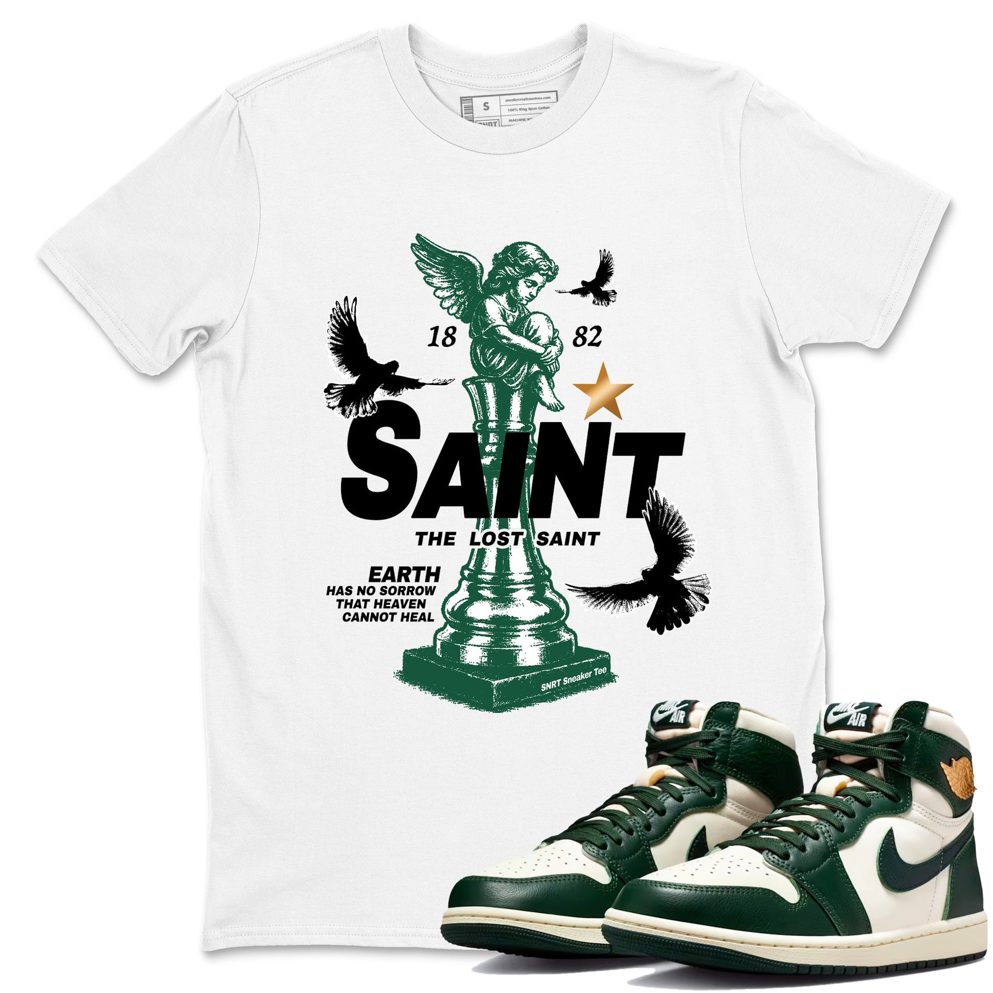 Sneaker Threads – Sneaker Tees To Match Air Jordan 1 Pro Green – The Lost Saint Graphic Tee White 1. Perfect for Jordan releases 2025 colorways.