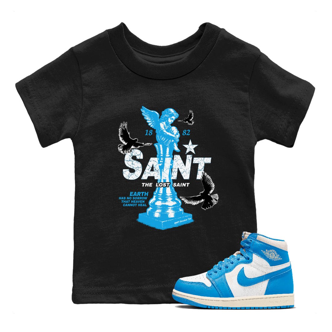 1s UNC t-shirts to match jordans The Lost Saint sneaker match tees Air Jordan 1 UNC Reimagined graphic tee for sneakerheads SNRT Sneaker Tees Youth Baby Black 1 tee