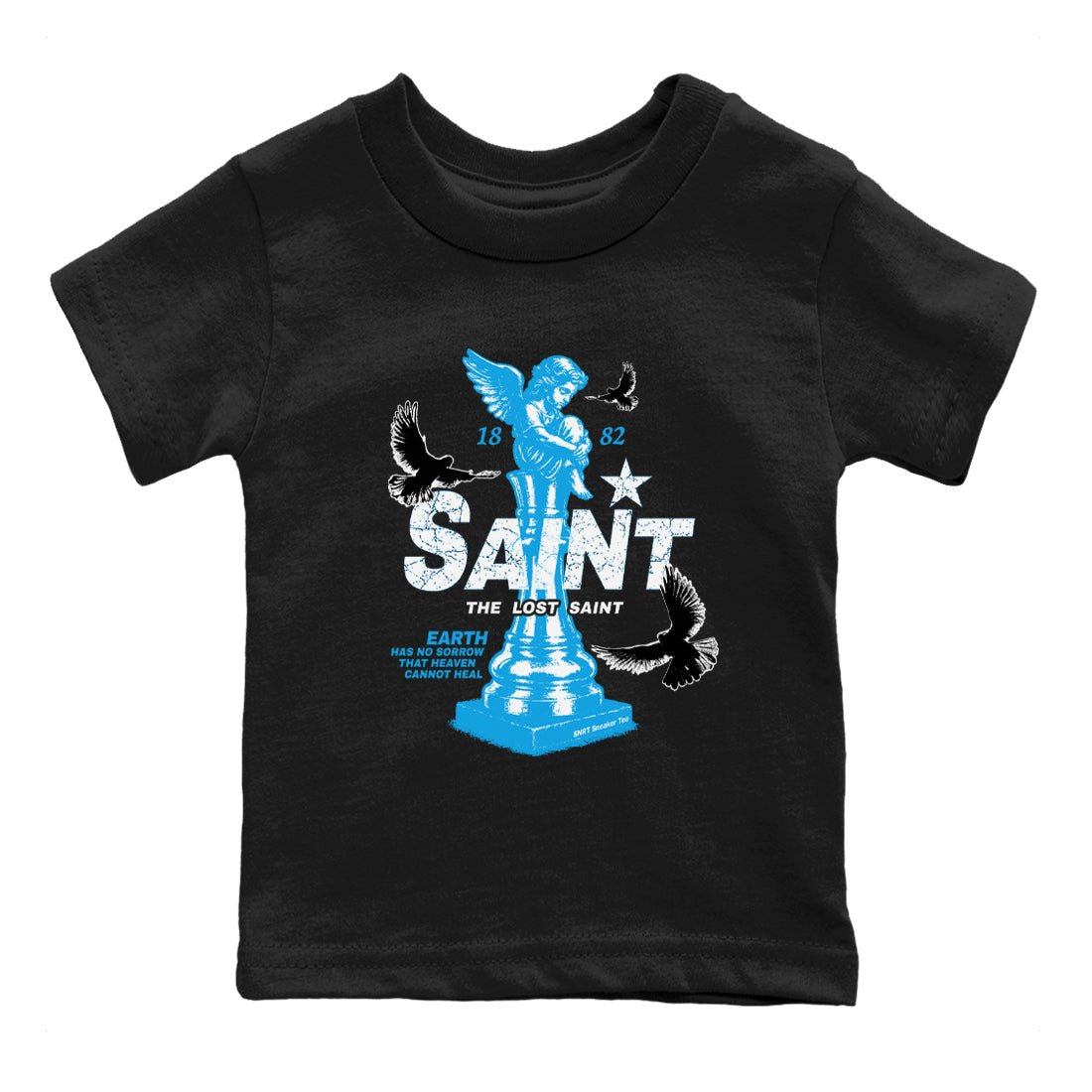 1s UNC t-shirts to match jordans The Lost Saint sneaker match tees Air Jordan 1 UNC Reimagined graphic tee for sneakerheads SNRT Sneaker Tees Youth Baby Black 2 tee