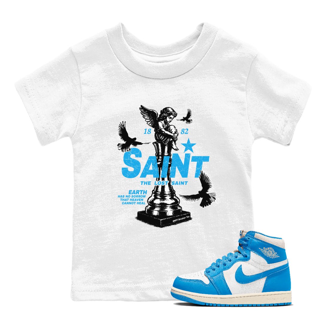 1s UNC t-shirts to match jordans The Lost Saint sneaker match tees Air Jordan 1 UNC Reimagined graphic tee for sneakerheads SNRT Sneaker Tees Youth Baby White 1 tee