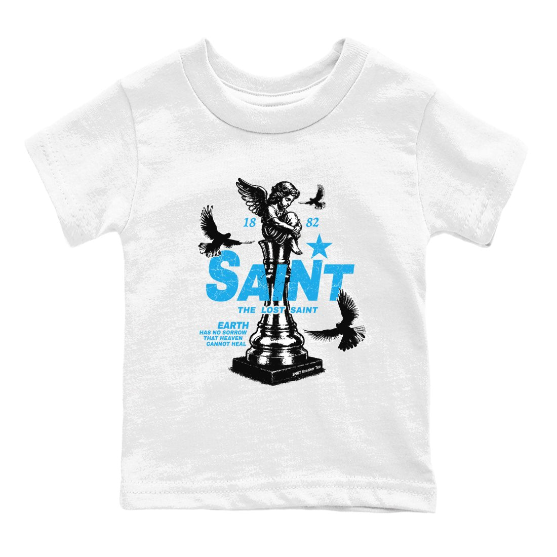 1s UNC t-shirts to match jordans The Lost Saint sneaker match tees Air Jordan 1 UNC Reimagined graphic tee for sneakerheads SNRT Sneaker Tees Youth Baby White 2 tee