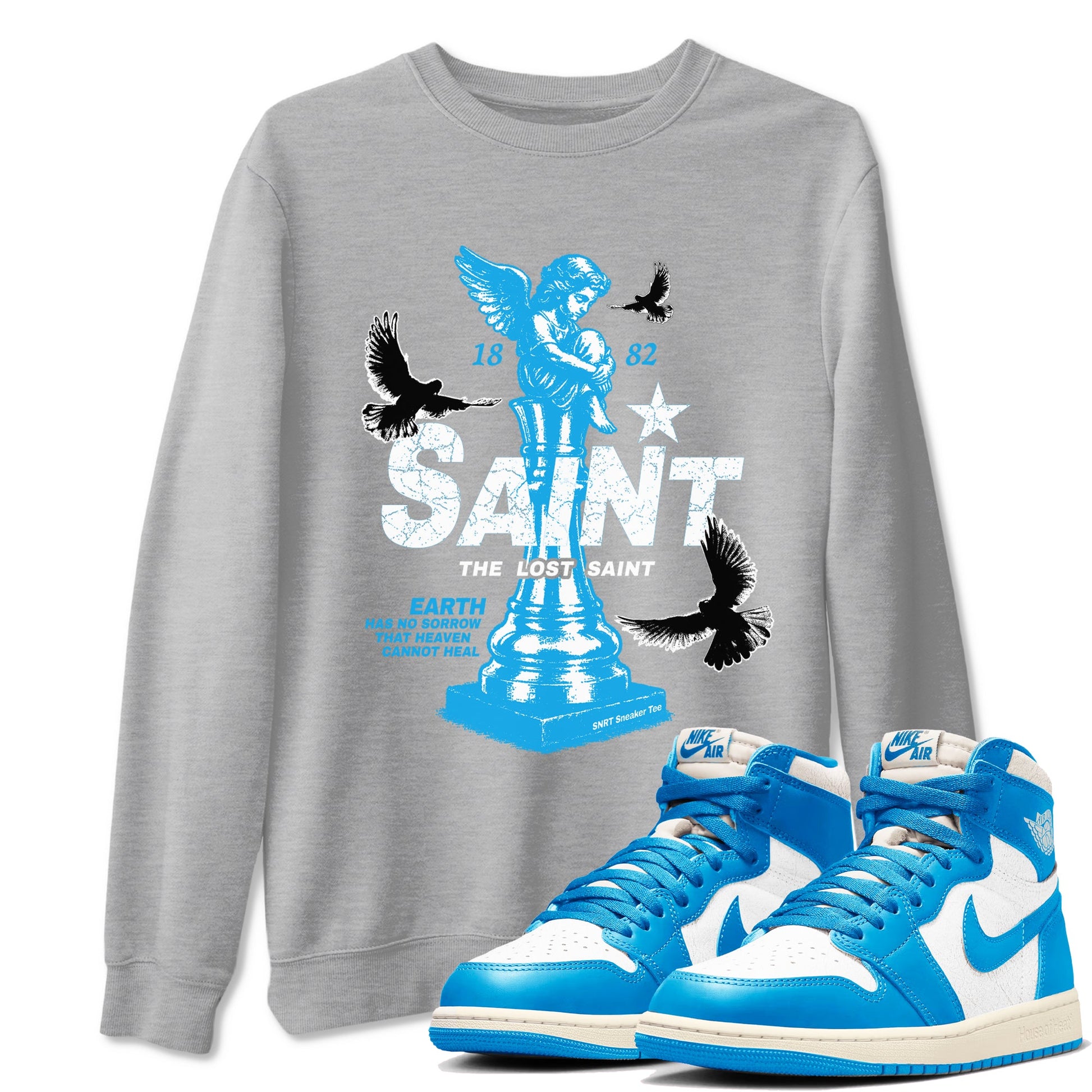 1s UNC t-shirts to match jordans The Lost Saint sneaker match tees Air Jordan 1 UNC Reimagined graphic tee for sneakerheads SNRT Sneaker Tees unisex cotton Heather Grey 1 shirts